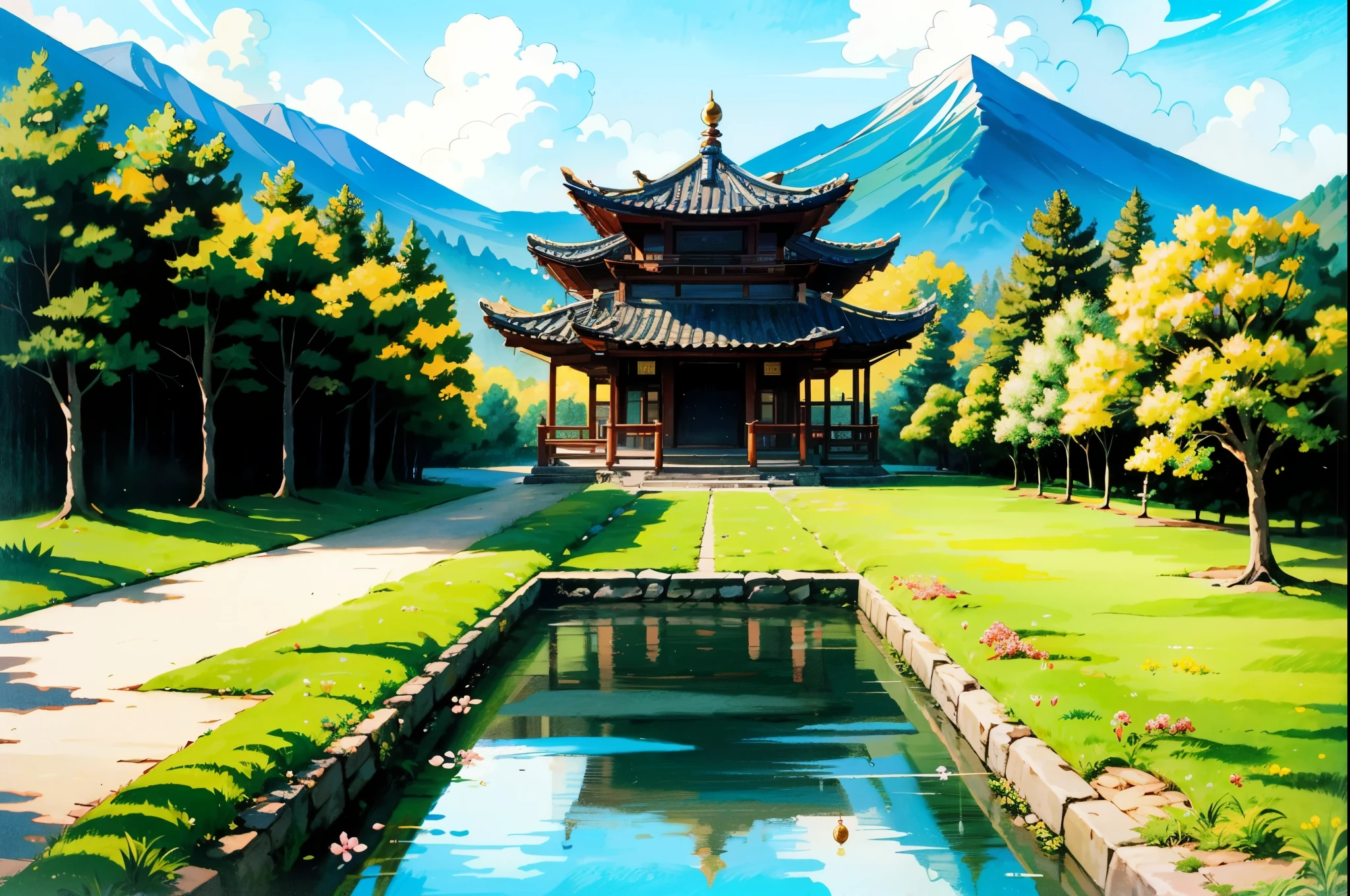 Painting of a whimsical wuxia palace, small colorful cherry blossoms, Sunkissed lighting, rainy day, beautiful art uhd 8k, a beautiful artwork illustration, beautiful digital painting, highly detailed digital painting, beautiful digital artwork, a detailed painting 8k, rich picturesque colors, gorgeous digital painting