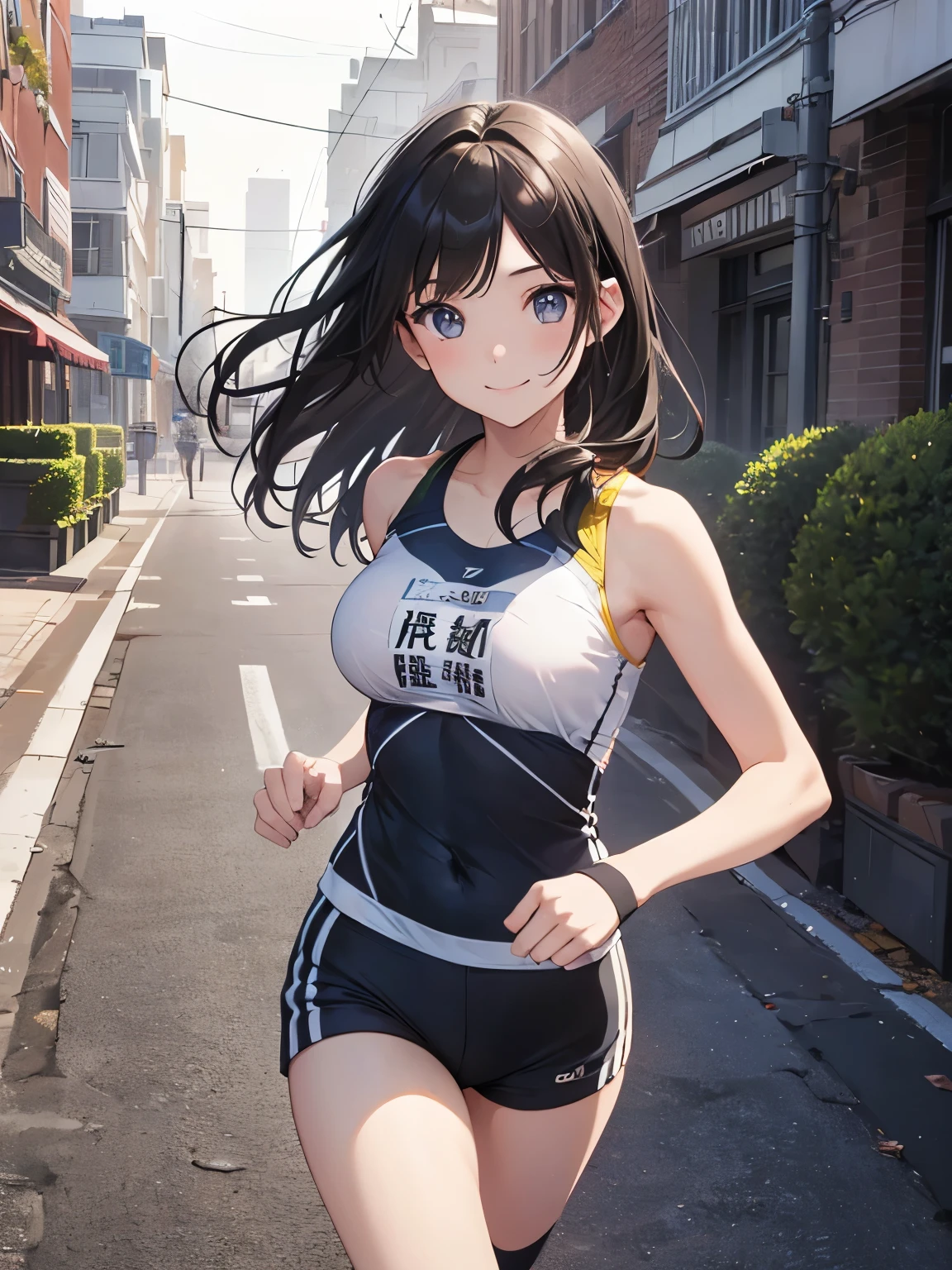 1girl, (8K、highest quality、masterpiece:1.2)、(realistic、フォトrealistic:1.2)、Marathon venue、girl running a marathon、smile、big breasts、delicate beautiful eyes、black hair、medium long hair、sportswear