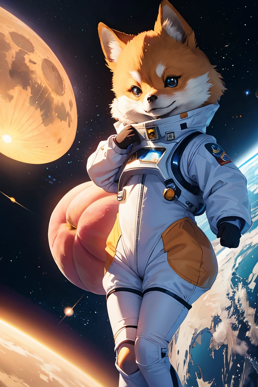 Cute little star fox, in a peachy galaxy, in space suit