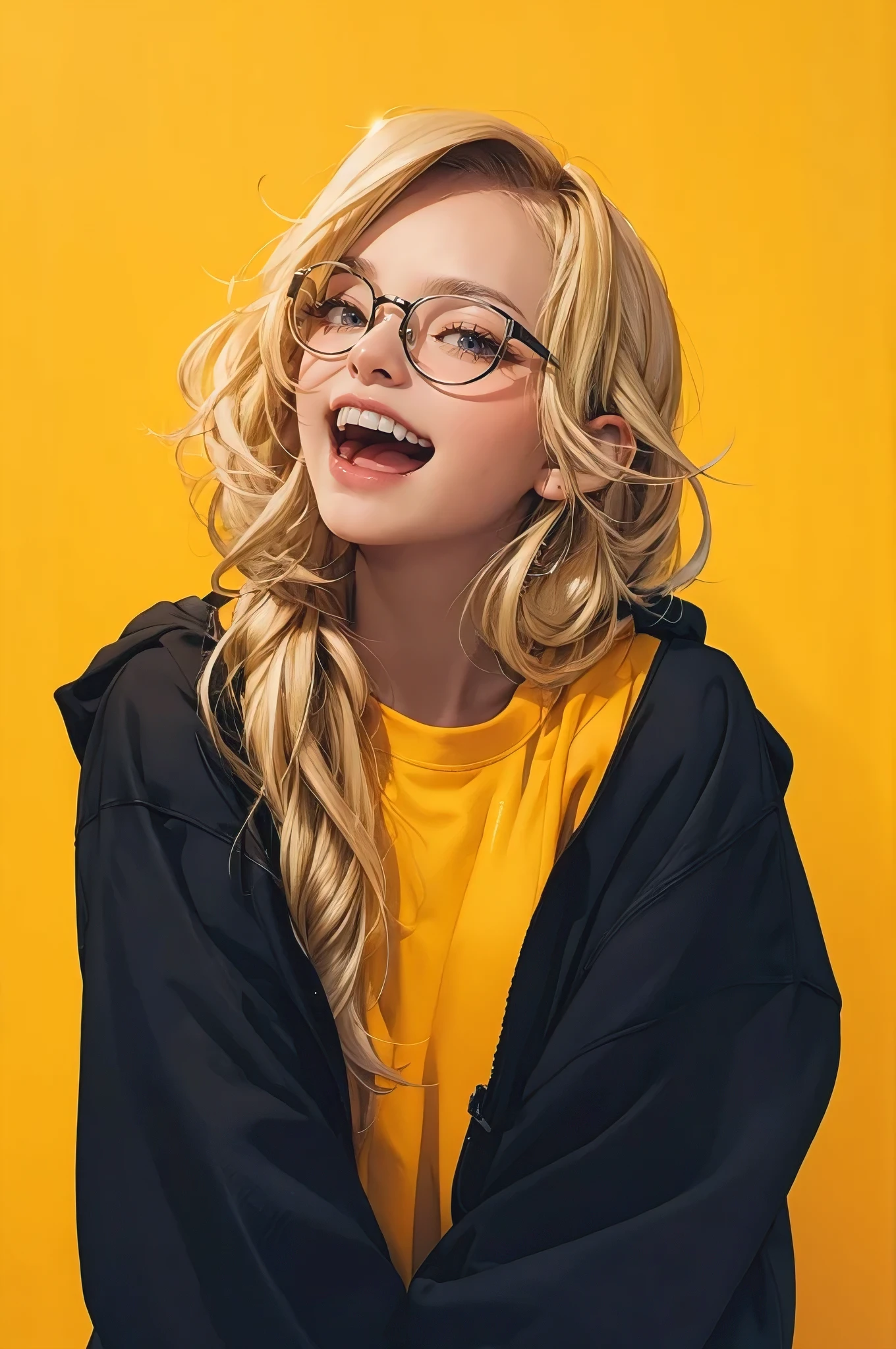 stock image of a blond woman with glasses wearing a hoodie, looking to the left side, is laughing, streetwear, street style realism, from hip to head, portrait image, mute background