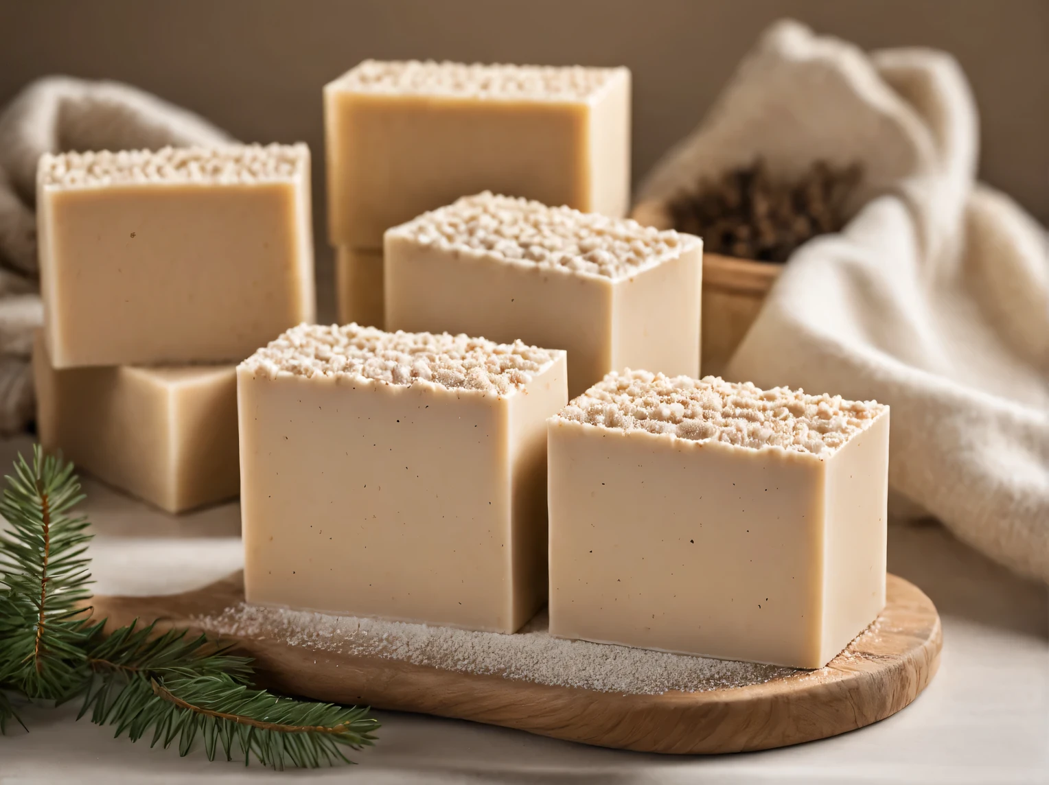 Product photo of craft porous soufflé soap, rectangular parts, the porous structure of the soap is visible, the structure of the soap is similar to fine whipped foam, color beige and light brown, stylishly decorated, wooden palette, themed props made of wood and forest, Canon EOS 5D Mark IV Canon EF 100mm f/2.8L Macro IS USM, high clarity, depth of field, ISO 120, Ambient light