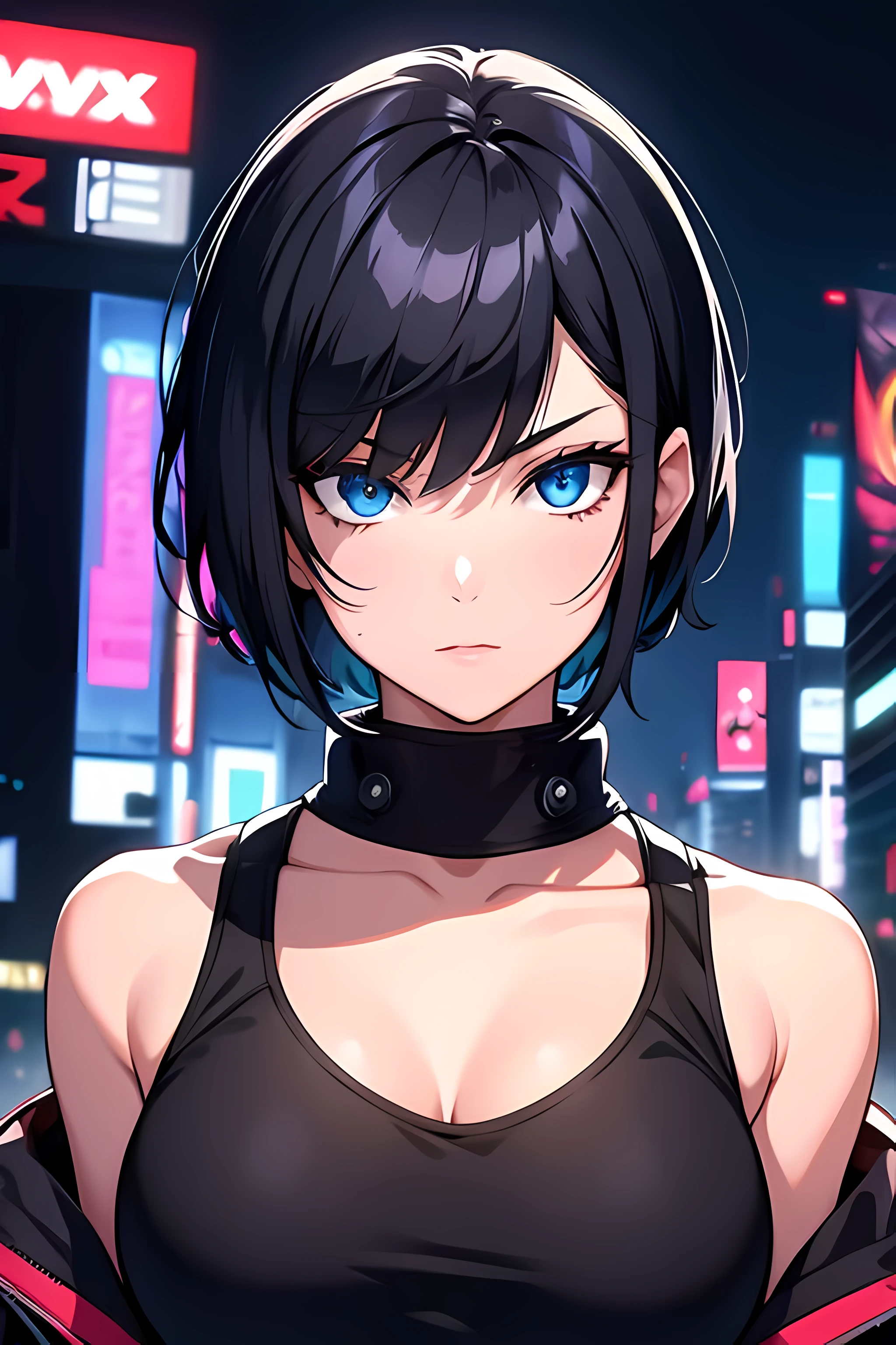 1 chica , pelo corto negro, ojos azules , ciberpunk