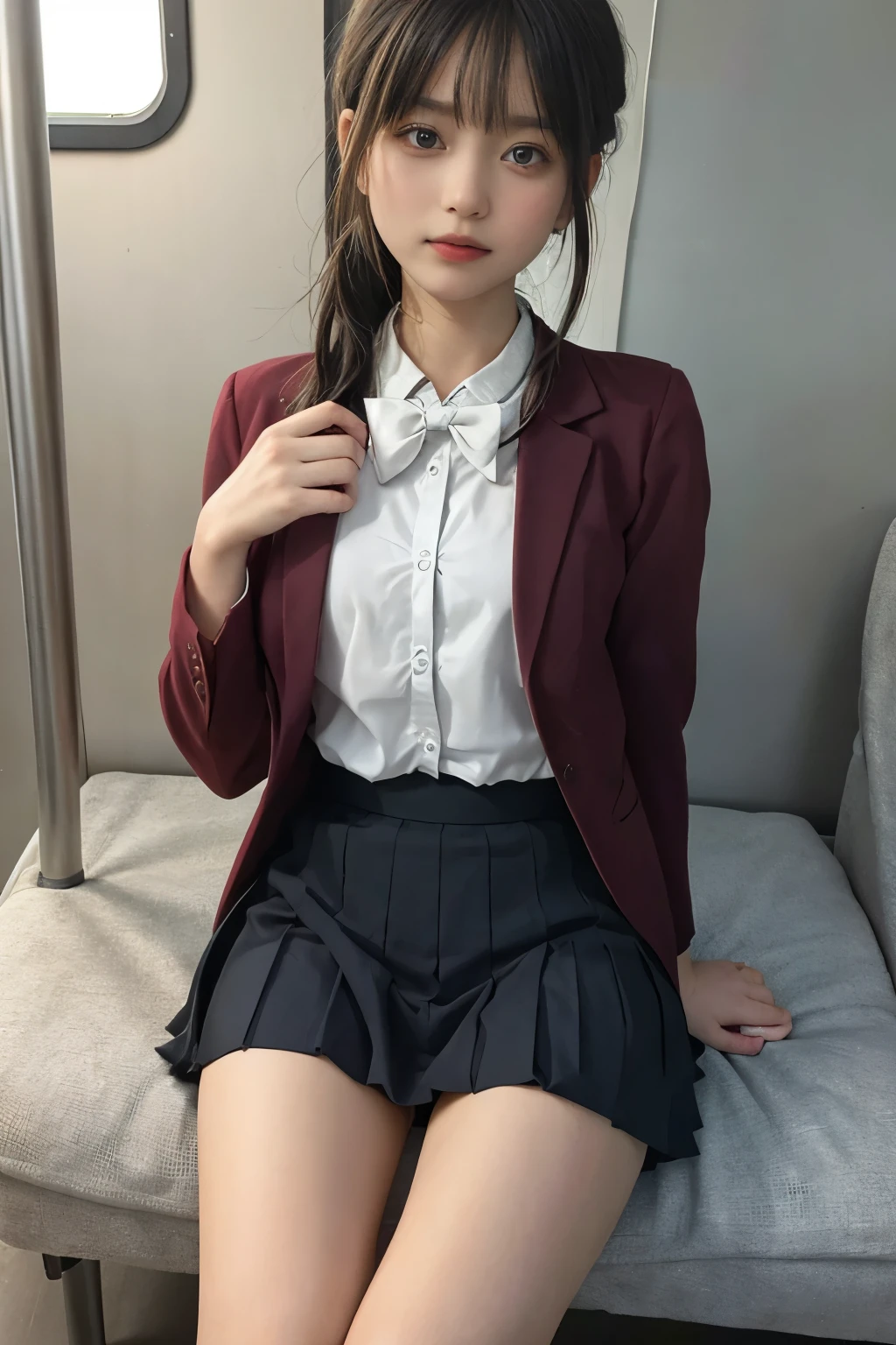 wearing short skirt、Alafid asian woman wearing bow tie sitting on train, cute schoolgirl, japanese schoolgirl, wearing japanese school uniform, japanese school uniform, a hyperactual schoolgirl, Dress up as a schoolgirl, hyperactual schoolgirl, Wearing school uniform, actual , girl wearing, Wearing school uniform, one poses, whole body, good skin, glowing skin, beautiful thighs,glowing thighs, Glowing legs,six fingers