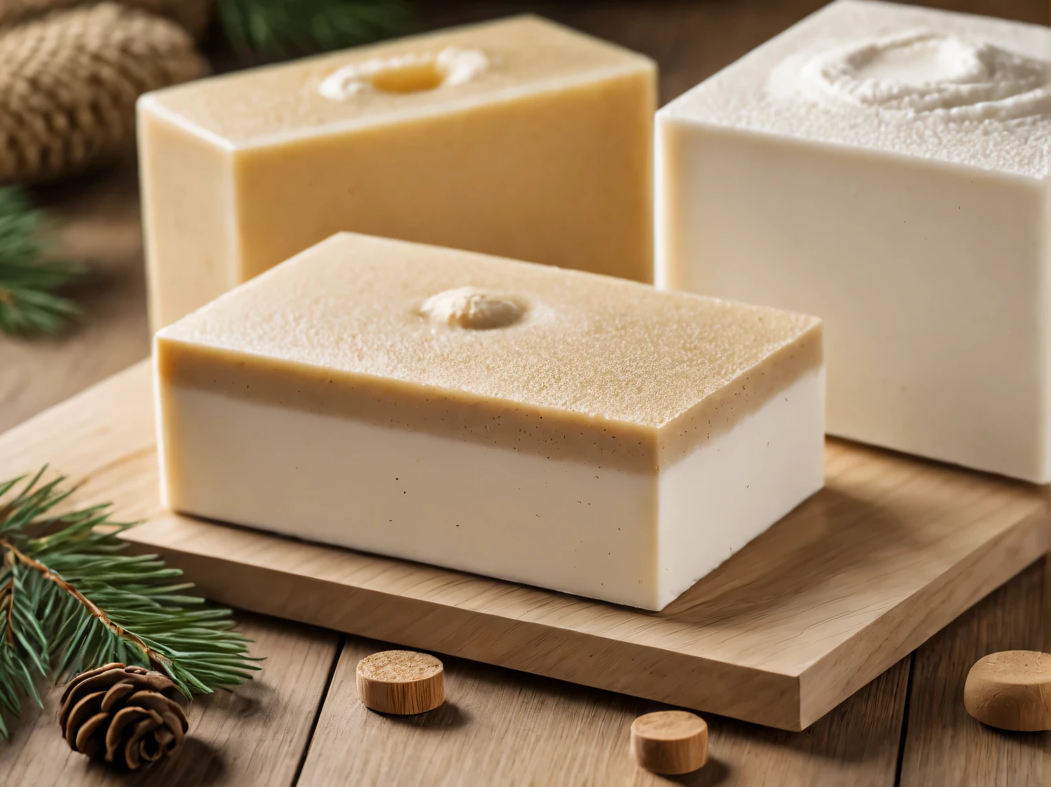 Product photo of craft porous soufflé soap, rectangular parts, the porous structure of the soap is visible, the structure of the soap is similar to fine whipped foam, color beige and light brown, stylishly decorated, wooden palette, themed props made of wood and forest, Canon EOS 5D Mark IV Canon EF 100mm f/2.8L Macro IS USM, high clarity, depth of field, ISO 120, Ambient light