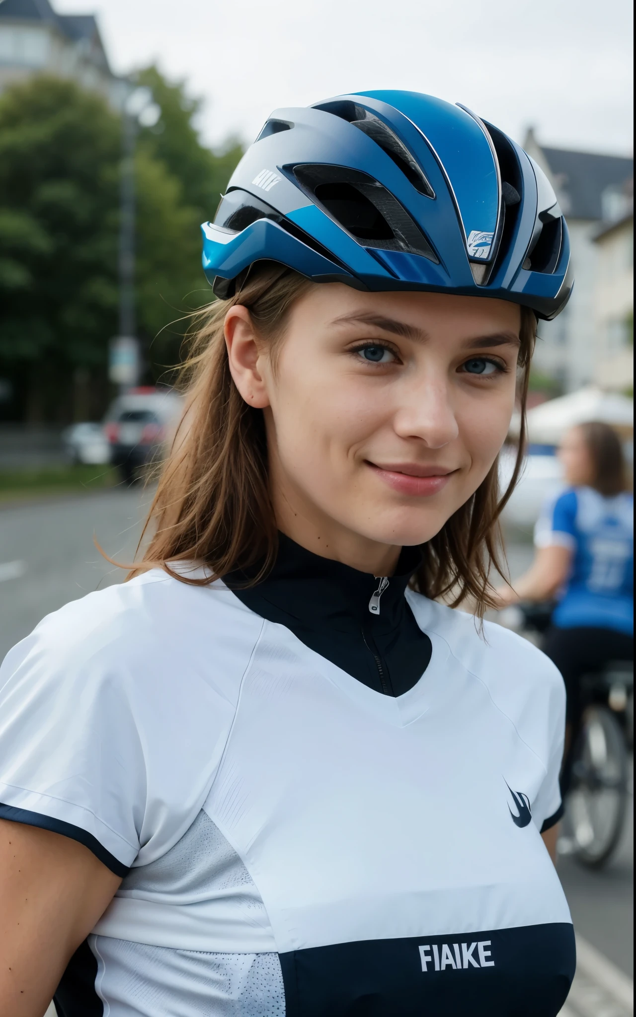 photo of a 24-year-old French woman in RAW UHD format (Blue-eyed woman), (Smile), Einzelheiten (Texturen! , Haar! , Farbe!! , Unvollkommenheiten: 1.1), very detailed, shiny eyes (schaut in die Kamera), DSLR-Beleuchtung, Ultra quality, Sharpness, depth of field, Filmkorn, kristallklar, pretty face, scharfer Fokus, Detaillierte Hautporen, fettige Haut, SonnenBräune, komplexe Augendetails, (bike cycle), (nike shirt), (bike helmet)