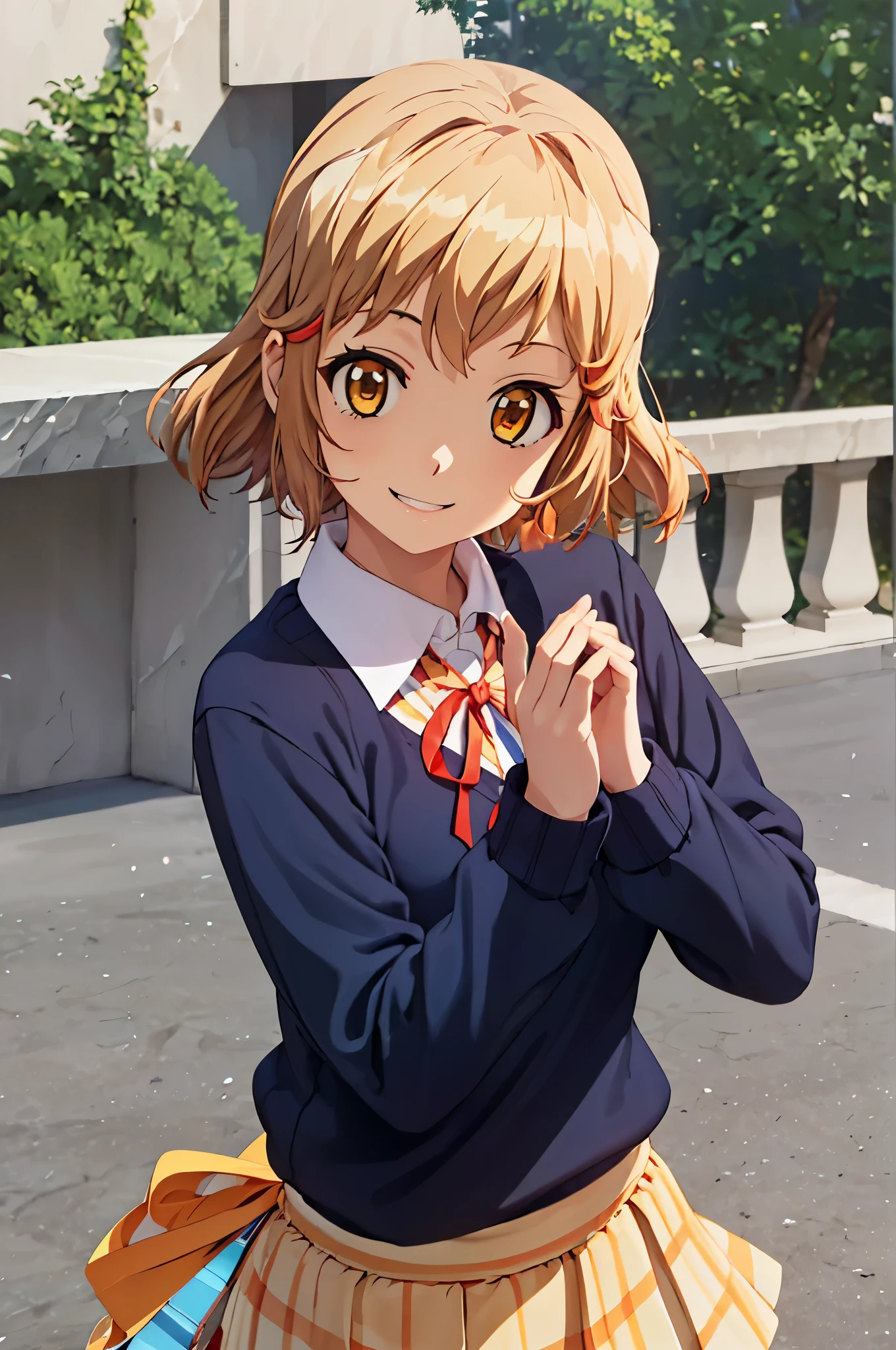 masterpiece, highest quality, look up, looking at the viewer, smile, orange ring, short hair, red ribbon in hair, (Dark blue sweater:1.1), yellow pleated skirt, outdoor, upper body, super detailed fingers, Ultra detailed hands