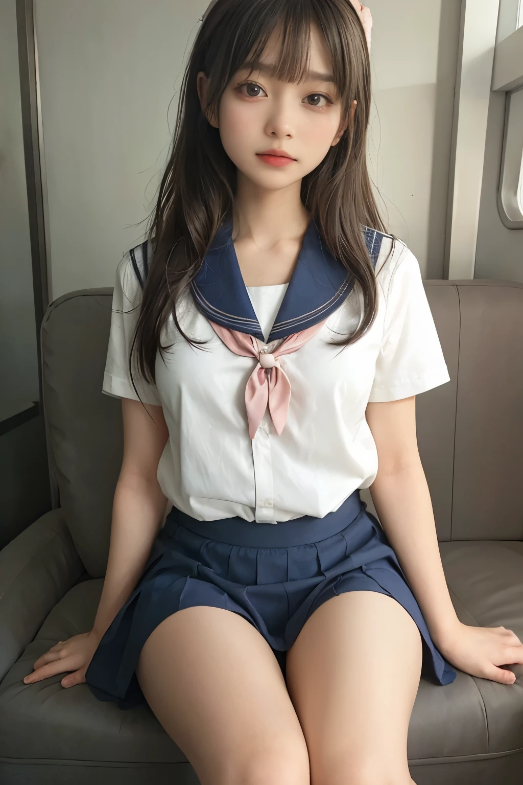 wearing short skirt、Alafid asian woman wearing bow tie sitting on train, cute schoolgirl, japanese schoolgirl, wearing japanese school uniform, japanese school uniform, a hyperactual schoolgirl, Dress up as a schoolgirl, hyperactual schoolgirl, Wearing school uniform, actual , girl wearing, Wearing school uniform, one poses, whole body, good skin, glowing skin, beautiful thighs,glowing thighs, Glowing legs, (())
