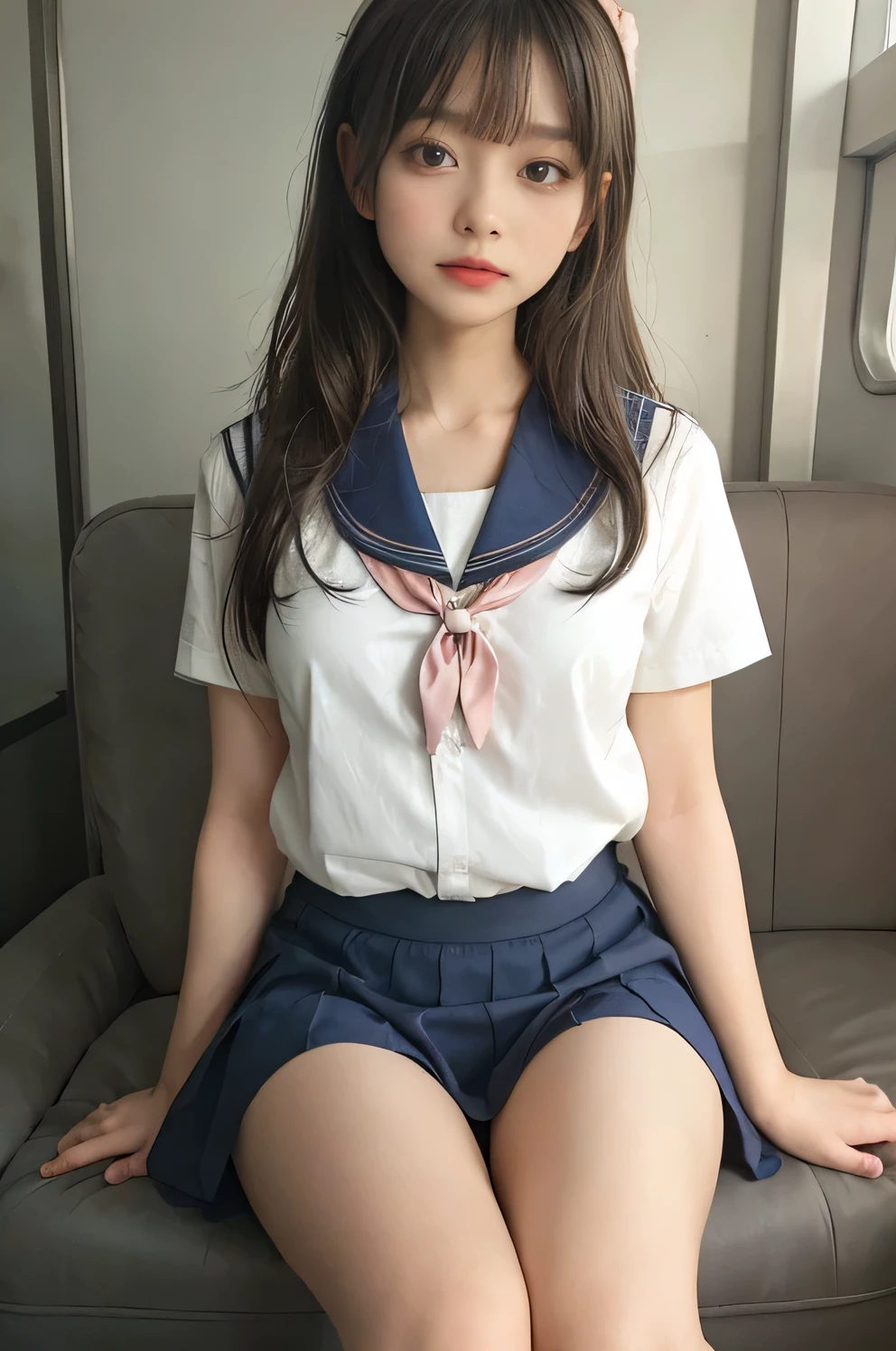wearing short skirt、Alafid asian woman wearing bow tie sitting on train, cute schoolgirl, japanese schoolgirl, wearing japanese school uniform, japanese school uniform, a hyperactual schoolgirl, Dress up as a schoolgirl, hyperactual schoolgirl, Wearing school uniform, actual , girl wearing, Wearing school uniform, A pose, whole body, good skin, glowing skin, beautiful thighs,glowing thighs, Glowing legs, (())