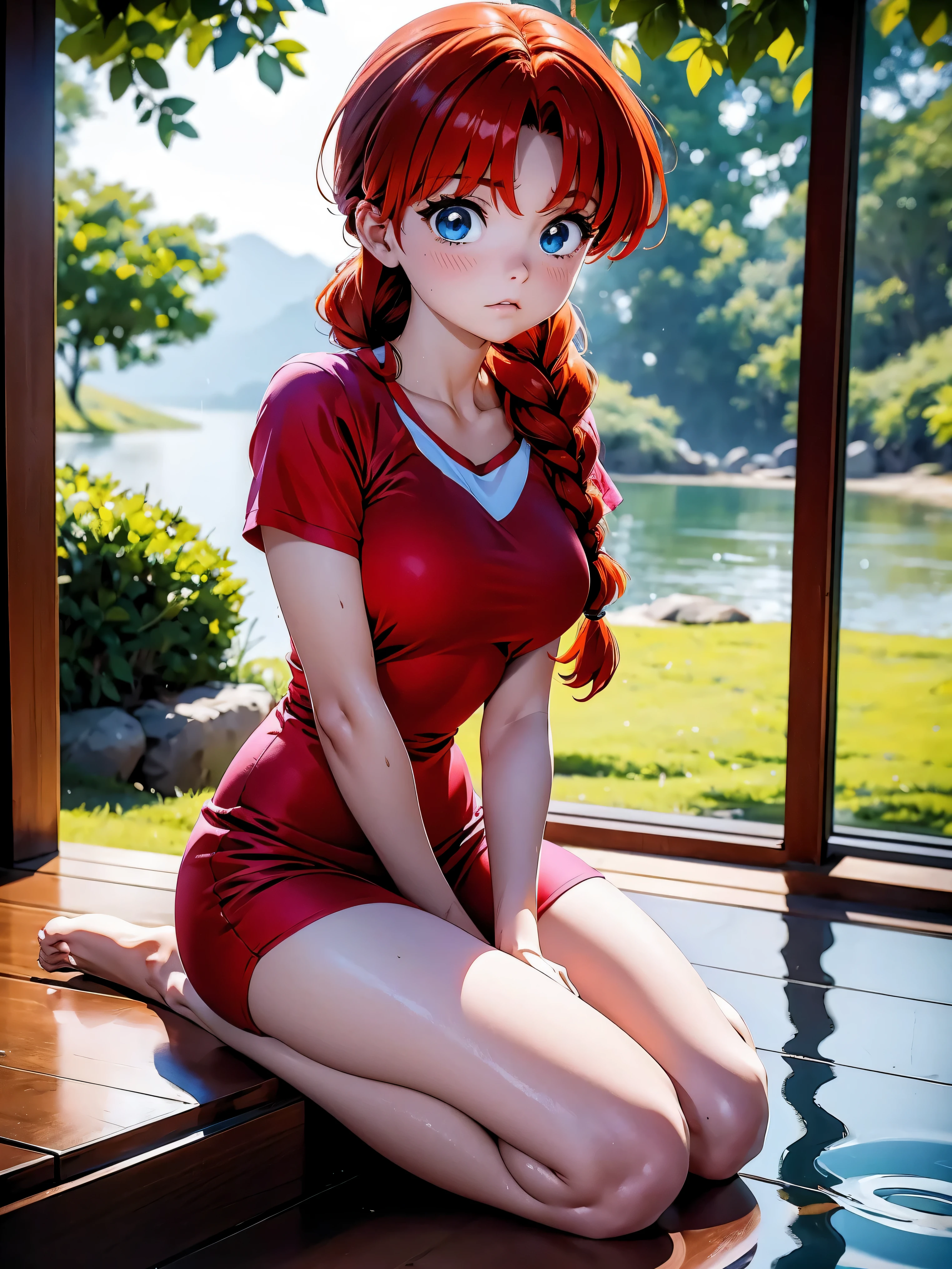 Garota anime triste chorando ruiva na chuva, Garota anime em meio a chuva, lagrimas no rosto, ambiente chuvoso. com roupas molhadas encharcadas na chuva, , agachada, sentada, corpo bonito, seios grandes, red hair with braid, olhos azuis, pernas bonitas, hair with braid, estilo anime, Ranma Chan, Autora Rumiko Takahashi, Baseado em obra de Rumiko Takahashi, Anime Ranma 1/ 2, corpo inteiro, corpo completo, garota jovem com corpo belo e bonito, sandals on his feet, garota 16 anoschorando triste, baixa estatura, roupas molhadas, chovendo, garota anime, estilo anime, sitting on the floor, 45° viewing angle, chuva forte, garota triste, lagrimas no rosto