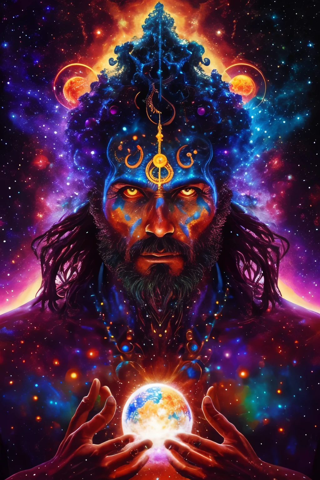 (Glowwave Illustration of A powerful 4 armed god with [[((4 arms))]] and glowing black skin floating in the universe), (red tattoed glyphs all over his body), naked chest, lich robes, ornamented crown, centered, powerful, long white hair, mystical pose, by Gregory Manchess, cosmos on the background, unreal engine 5 rendered, octane render, mysterious face