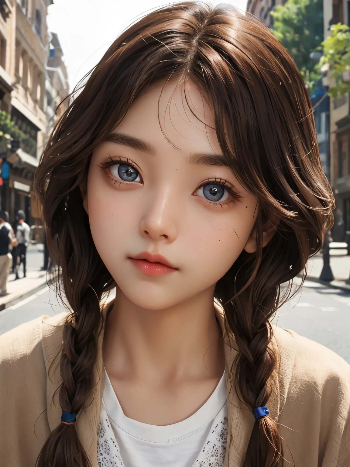 Brown braid、brown eyes、face seen from the front、Big eyes、long eyelashes