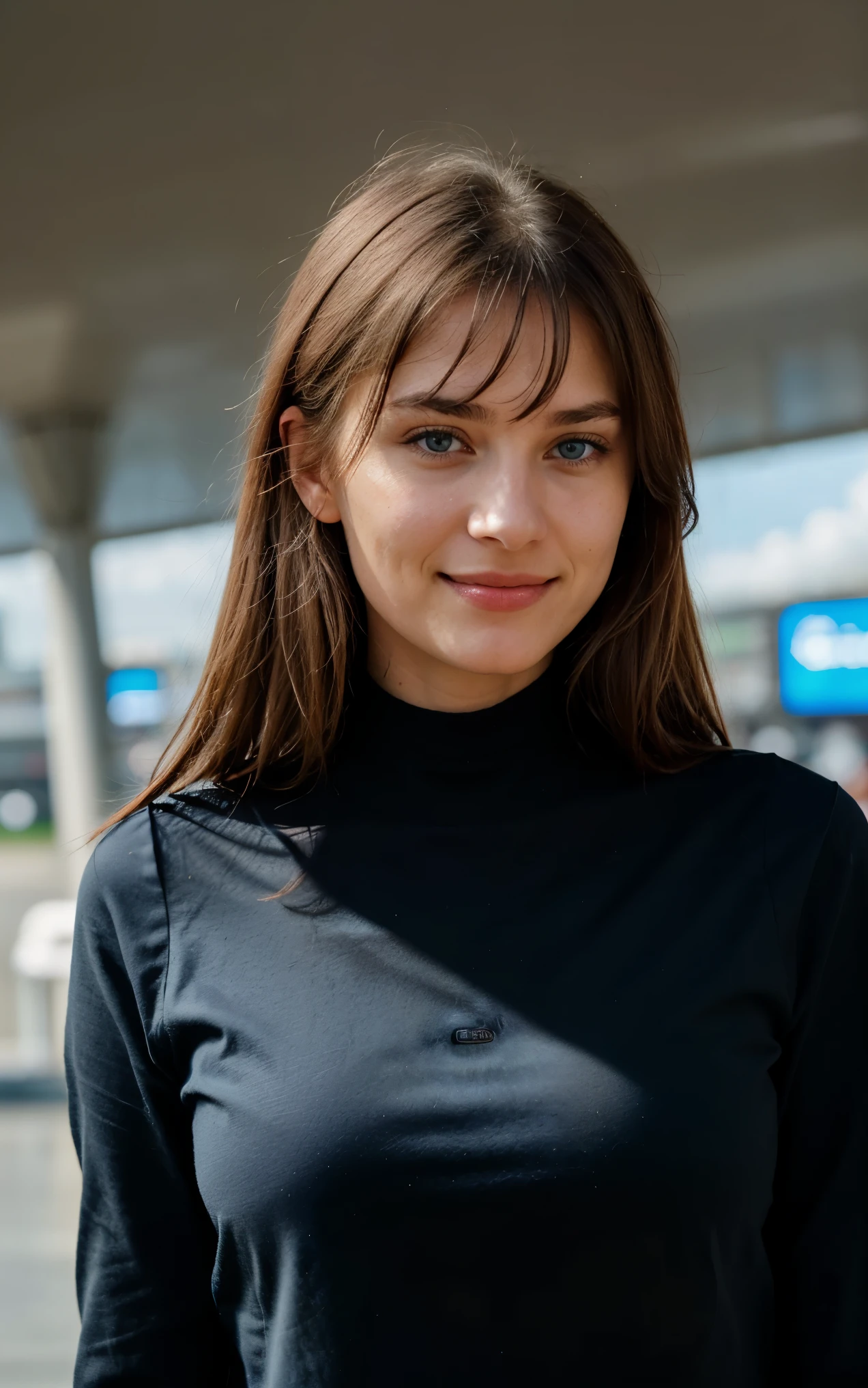 photo of a 24-year-old French woman in RAW UHD format (Blue-eyed woman), (Smile), Einzelheiten (Texturen! , Haar! , Farbe!! , Unvollkommenheiten: 1.1), very detailed, shiny eyes (schaut in die Kamera), DSLR-Beleuchtung, Ultra quality, Sharpness, depth of field, Filmkorn, kristallklar, pretty face, scharfer Fokus, Detaillierte Hautporen, fettige Haut, SonnenBräune, komplexe Augendetails, (auf dem flughafen), (black shirt)