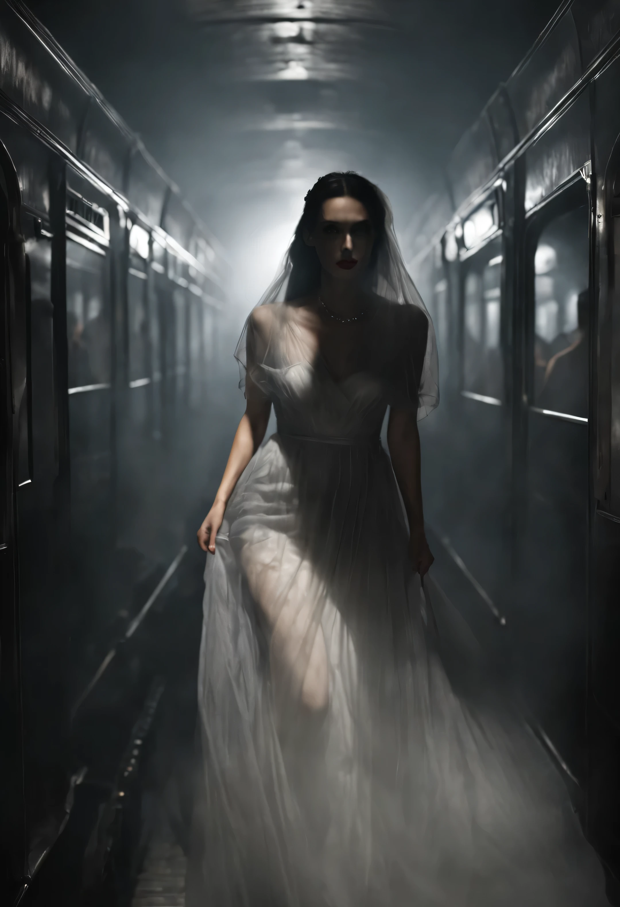 satanic, Spooky like, Scary shadow figure woman emerging from the darkness,Wearing a transparent flowing dress, Black and gray gradient, it's foggy, actual, 8k, Unreal Engine, cinematic, Walk down the aisle inside a packed 1940s coach
