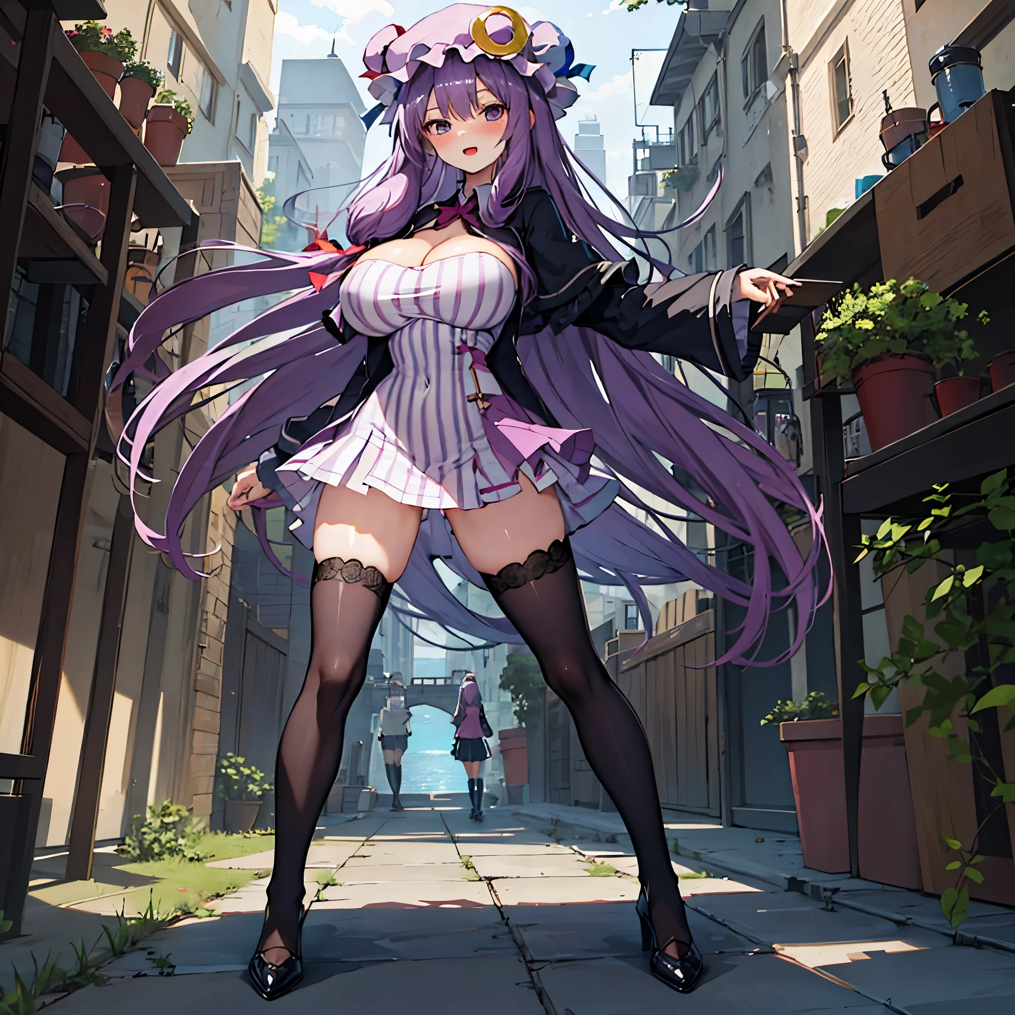 (Patchouli toho character), (standing at lakeside forest), outside, (standing with open legs wide:1.6), (arms behind back), (bending back), tiptoe, pigeon toed, BREAK, (disproportionately gigantic huge breasts:1.2), inconceivably thin waist, very short torso, (thin long legs apart), BREAK, very short miniskirt, thigh gap, (black thighhighs:1.2), highheels, BREAK, smile for viewer, open mouth, nose blush, full body, pussy juice