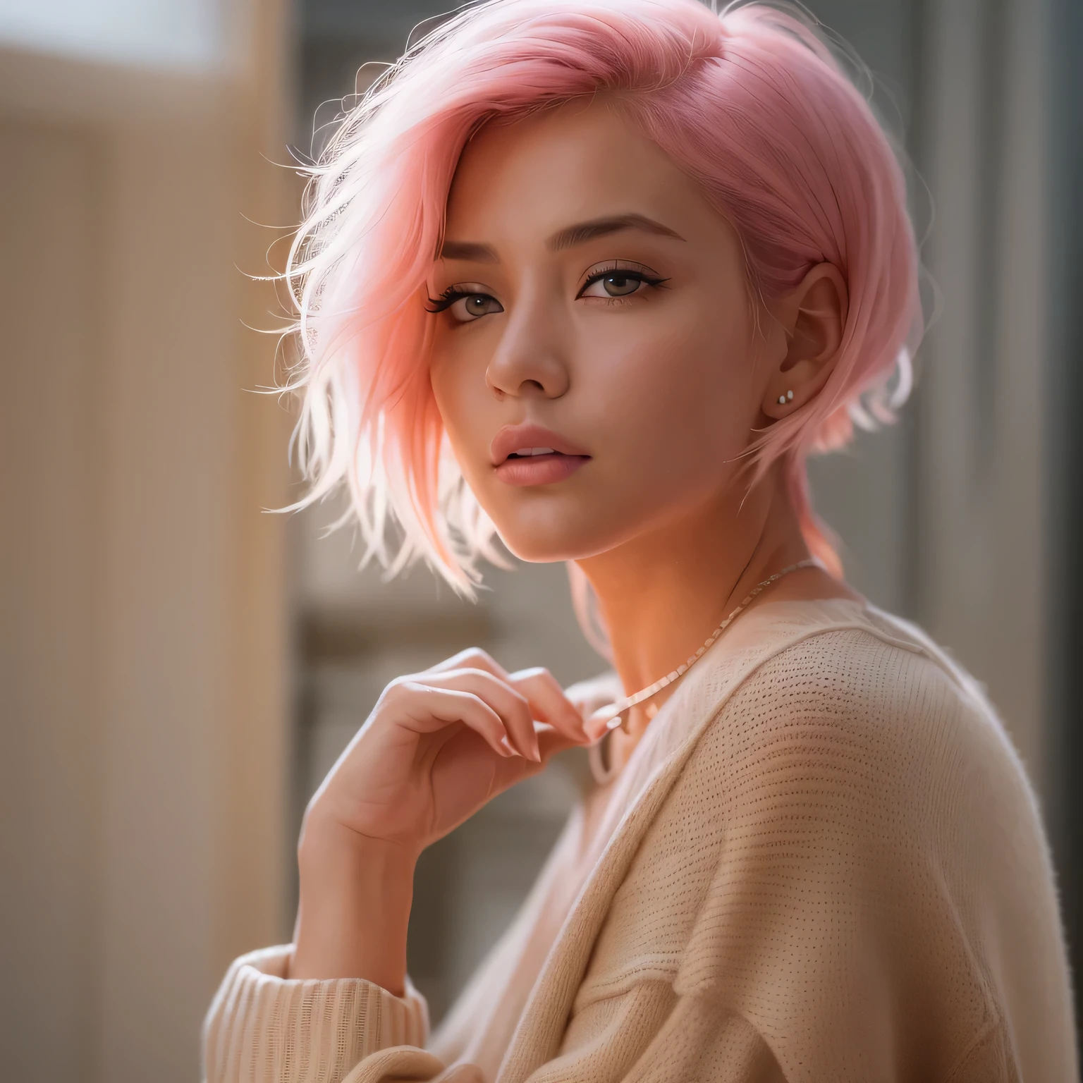 Masterpiece, RAW photo，photorealism，high resolution，best quality，high definition, perfect composition, short pink hair, perfect face, perfect body, 32K,Cinematic lighting，Sweater with partially visible skin，High exposure，huge tit，a blond，chiquita，