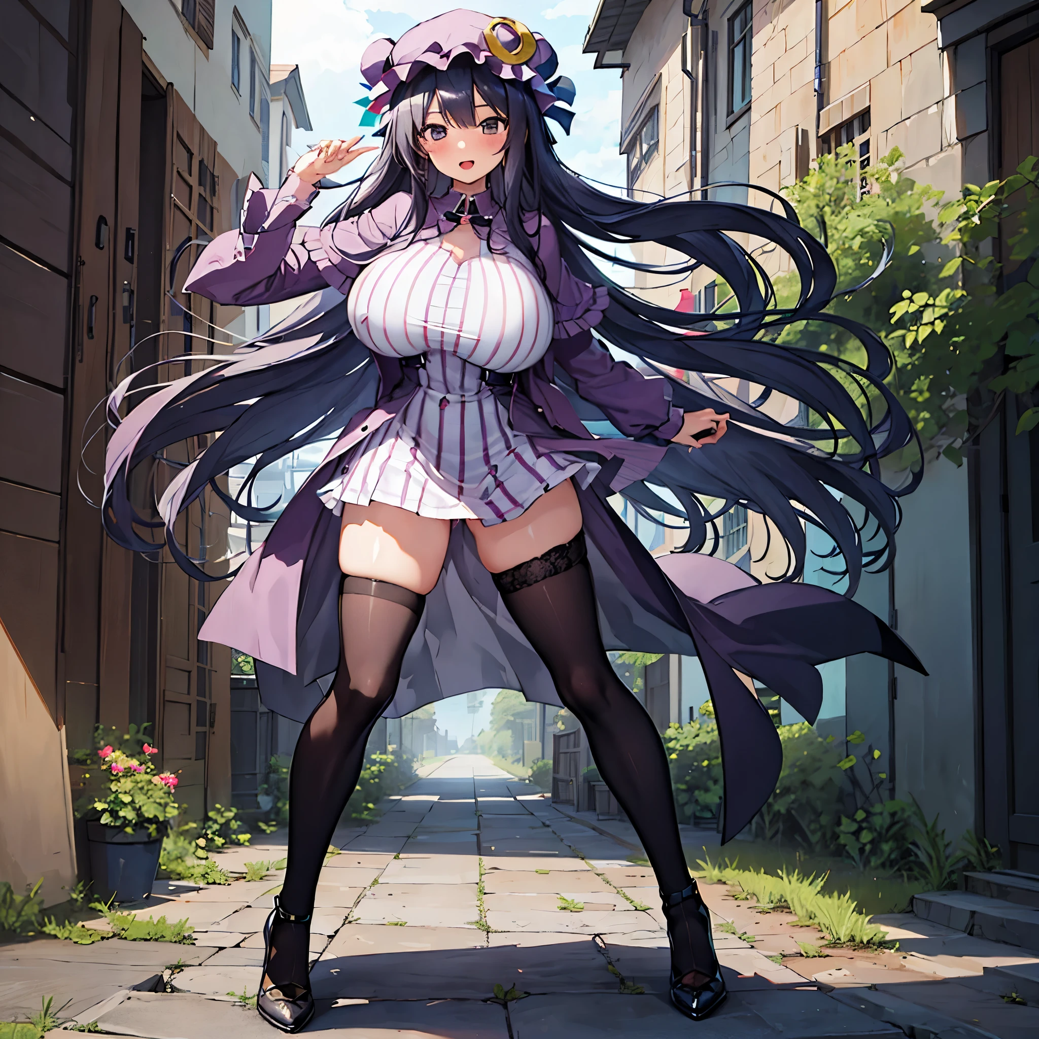 (Patchouli toho character), (standing at lakeside forest), outside, (standing with open legs wide:1.5), (arms behind back), (bending back), tiptoe, pigeon toed, BREAK, (disproportionately gigantic huge breasts:1.2), inconceivably thin waist, very short torso, (thin long legs apart), BREAK, very short miniskirt, thigh gap, (black thighhighs:1.2), highheels, BREAK, smile for viewer, open mouth, nose blush, full body, pussy juice