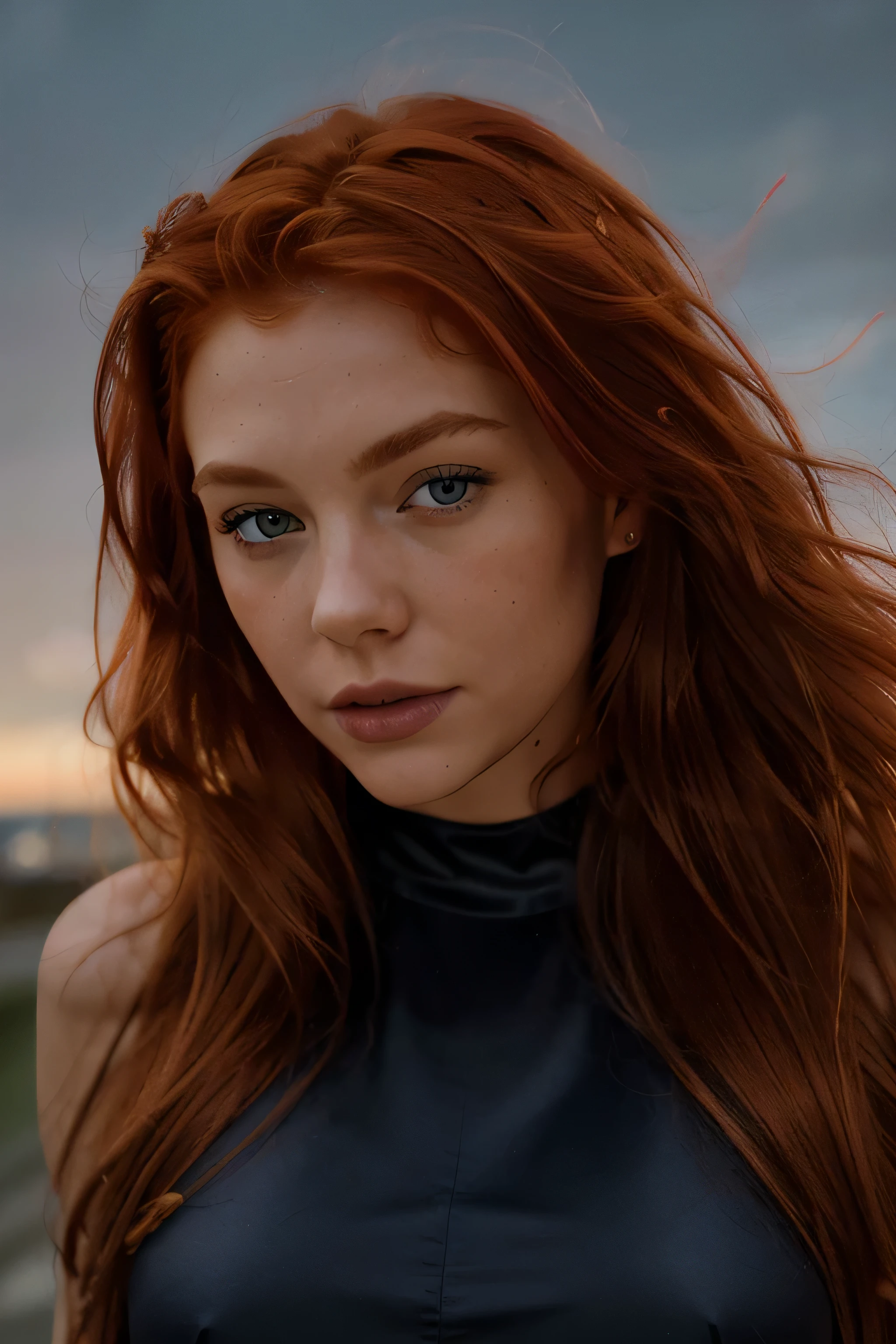 photograph of a red-haired woman with windblown curls, her hair is intertwined, like a flame against the twilight sky., radiating unbridled beauty, Detailed eyes, Red tight micro dress, Close-up, Looking at the viewer, Blue eyes, studio photo, Studio light