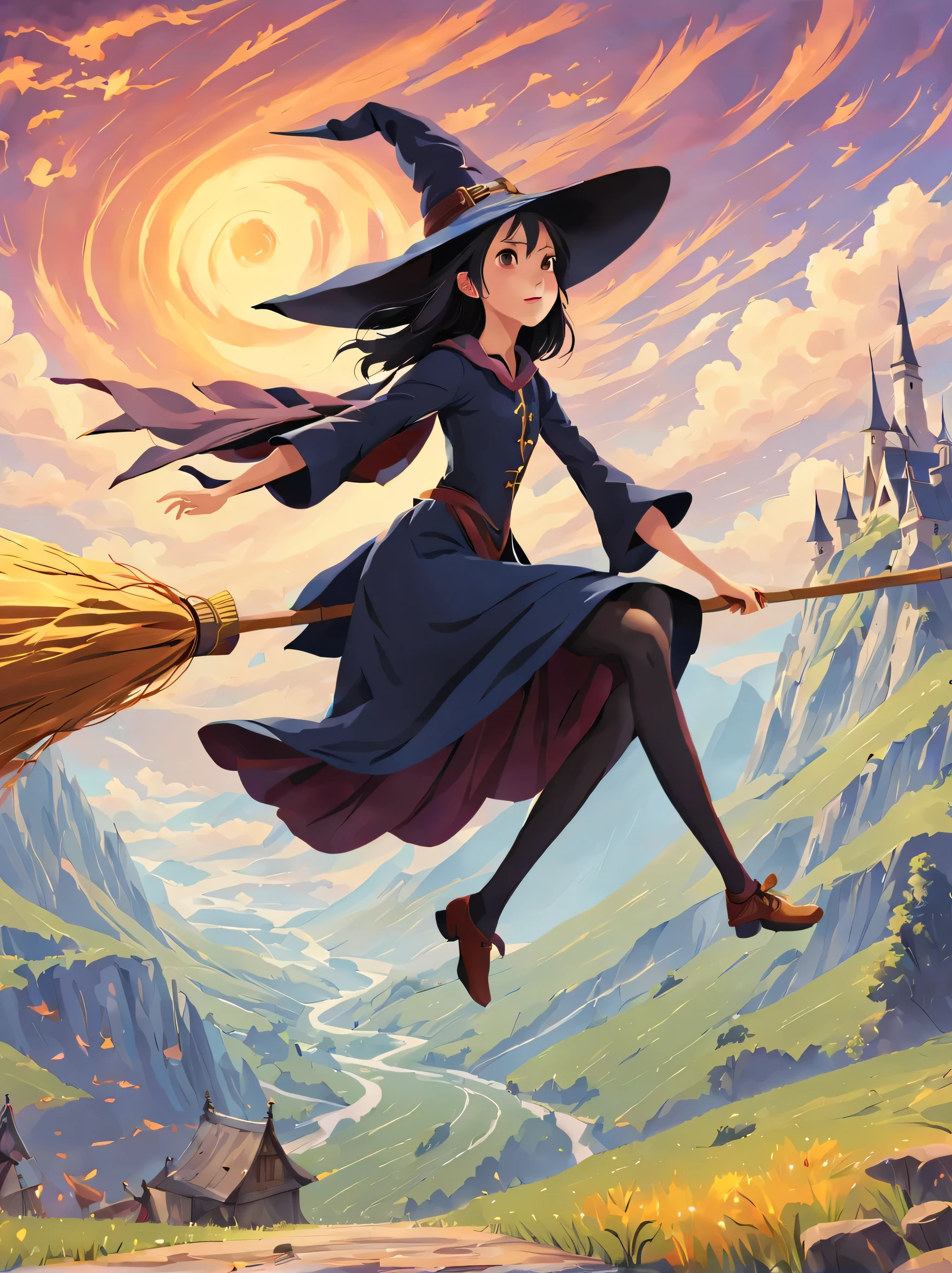 (masterpiece, highest quality:1.2),1 girl,perfect face,cute, ((((flying witch))),((Ride a broom)),broom flight,Straddling the broom,anatomically correct,masterpiece,highest quality,最高masterpiece,8K,,Wind,fantasy,,wonderful,, Mysterious, attractive, Whimsical, playful, adventurous, free, wonder, imagine, decide, skill, speed, movement, energy, realism, naturalistic, figurative, represent, beauty, fantasy culture, myth, fairy tale, folklore, Legend, witch, wizard, Magical creatures, fantasy worlds, composition, scale, Qianyoshi, midway point, background, perspective, light, color, texture, be familiar with, beauty, wonder.