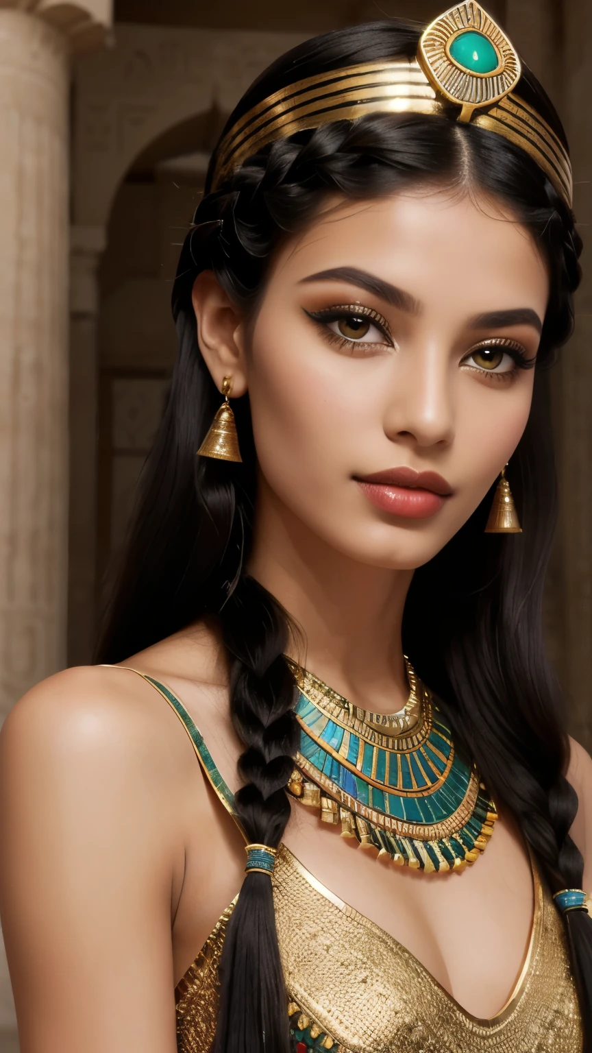 young woman in Egyptian costume standing in a large hall, beautiful Egyptian models, perfect face, unique face, detailed face, detailed fascial pores, slim nose, perfect eyes, Egyptian eye make-up, Egyptian style eye make-up, kohl black and green eye liner Egyptian lines ,kohl Egyptian eye liner, Egyptian style lipstick, braided hair, all hair braided Egyptian style, with Egyptian ornaments, slim mouth, facial close-up, close-up photo, young women looking into camera, defined jaw facial bones, trending on cg society, art nouveau, beautiful cleopatra, Egyptian princess, wearing an Egyptian crown, close-up of cleopatra, cleopatra in her palace, pharaoh clothes, pharaoh, Egyptian clothing, Egyptian, Egyptian style, gorgeous woman, slim body, small cup size, small breasts, ultra realistic