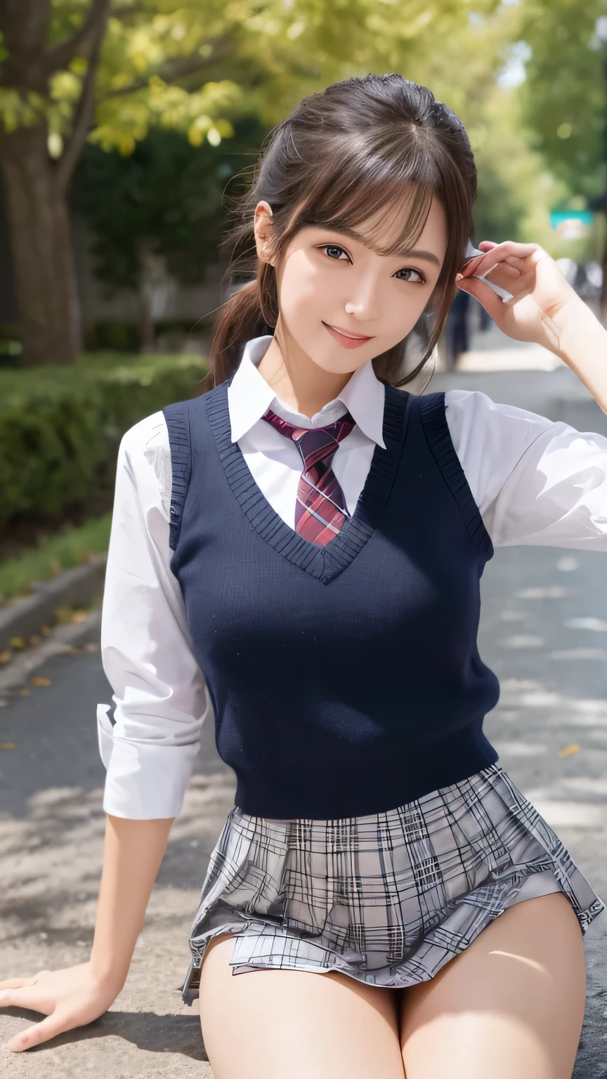 highest quality, shape, Super detailed, small details, High resolution, 8k wallpaper, perfect dynamic composition, beautiful detailed eyes, natural lips, magic school uniform, plaid skirt, school uniform, wearing school uniform, sexy, 1 girl, smile, shiny skin, show off sexy panties, spread your legs, put your knees up, NSFW,