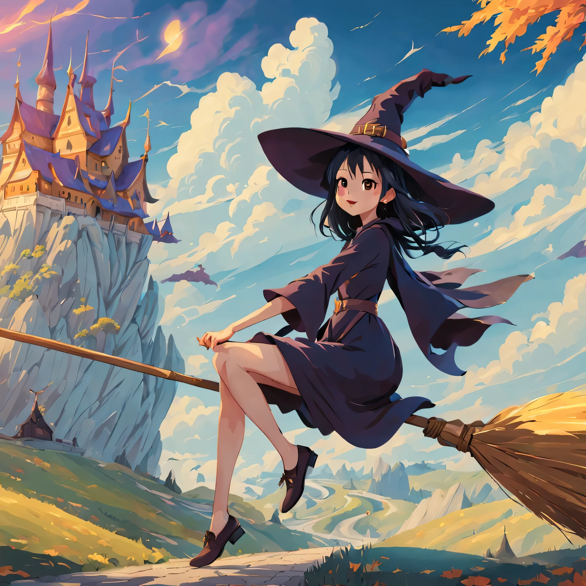 (masterpiece, highest quality:1.2),1 girl,perfect face,cute, ((((flying witch))),((Ride a broom)),broom flight,Straddling the broom,anatomically correct,masterpiece,highest quality,最高masterpiece,8K,,Wind,fantasy,,wonderful,, Mysterious, attractive, Whimsical, playful, adventurous, free, wonder, imagine, decide, skill, speed, movement, energy, realism, naturalistic, figurative, represent, beauty, fantasy culture, myth, fairy tale, folklore, Legend, witch, wizard, Magical creatures, fantasy worlds, composition, scale, Qianyoshi, midway point, background, perspective, light, color, texture, be familiar with, beauty, wonder.