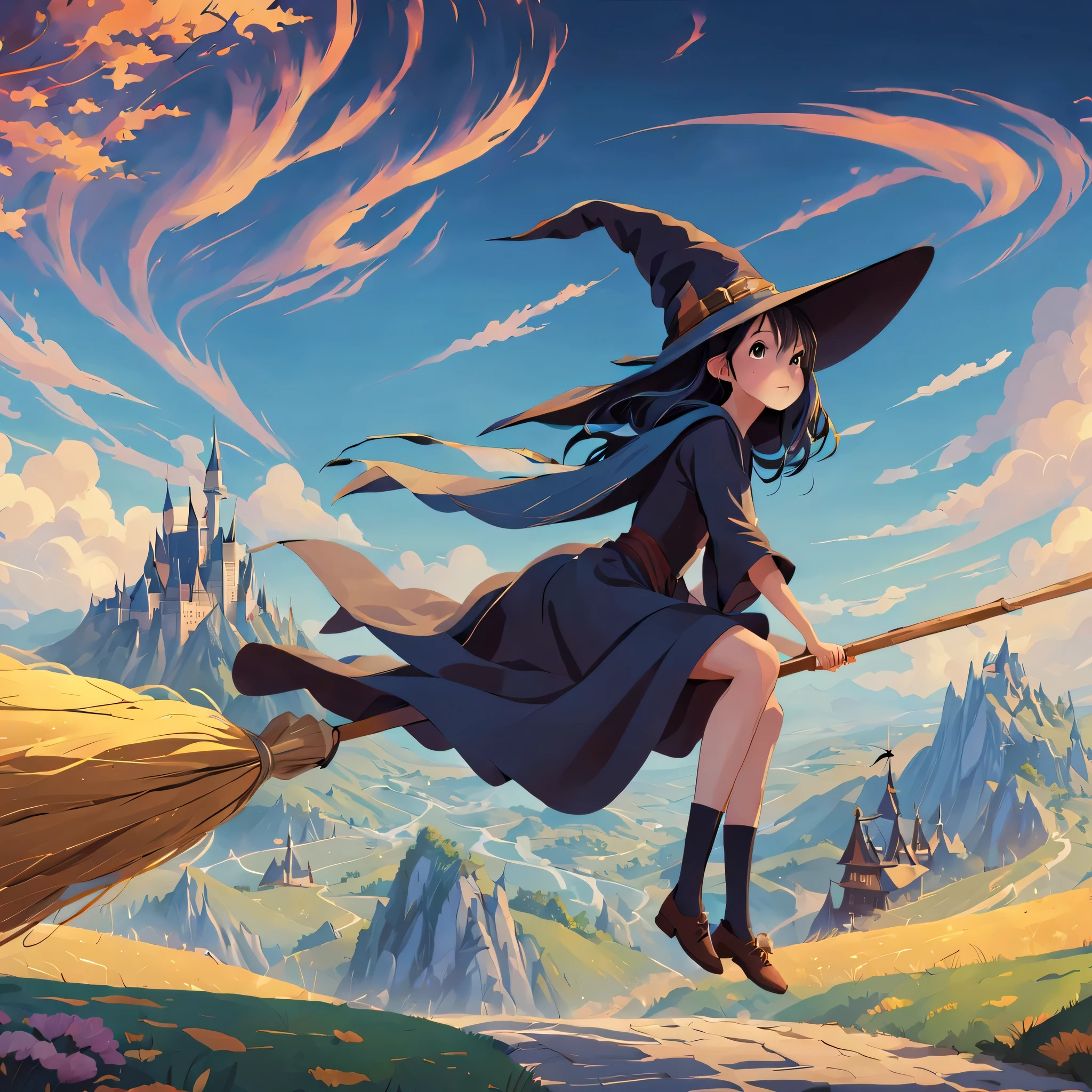 (masterpiece, highest quality:1.2),1 girl,perfect face,cute, ((((flying witch))),((Ride a broom)),broom flight,Straddling the broom,anatomically correct,masterpiece,highest quality,最高masterpiece,8K,,Wind,fantasy,,wonderful,, Mysterious, attractive, Whimsical, playful, adventurous, free, wonder, imagine, decide, skill, speed, movement, energy, realism, naturalistic, figurative, represent, beauty, fantasy culture, myth, fairy tale, folklore, Legend, witch, wizard, Magical creatures, fantasy worlds, composition, scale, Qianyoshi, midway point, background, perspective, light, color, texture, be familiar with, beauty, wonder.