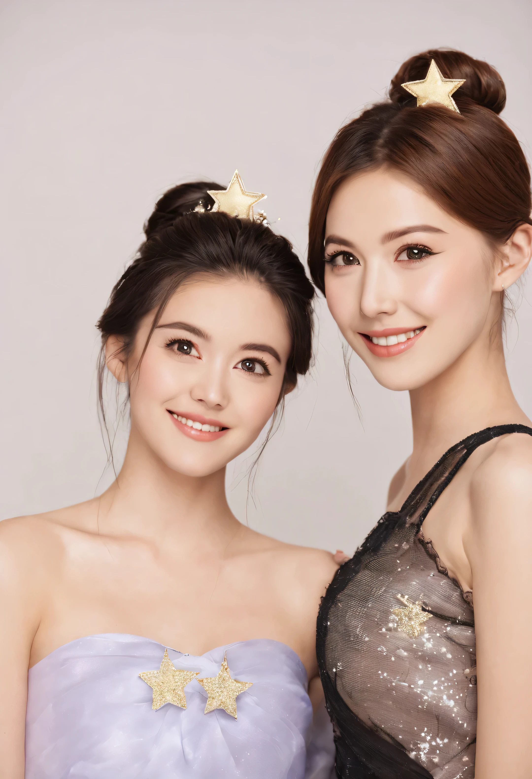 1 girl smiles:2 updos twinkling stars looking at viewer portrait