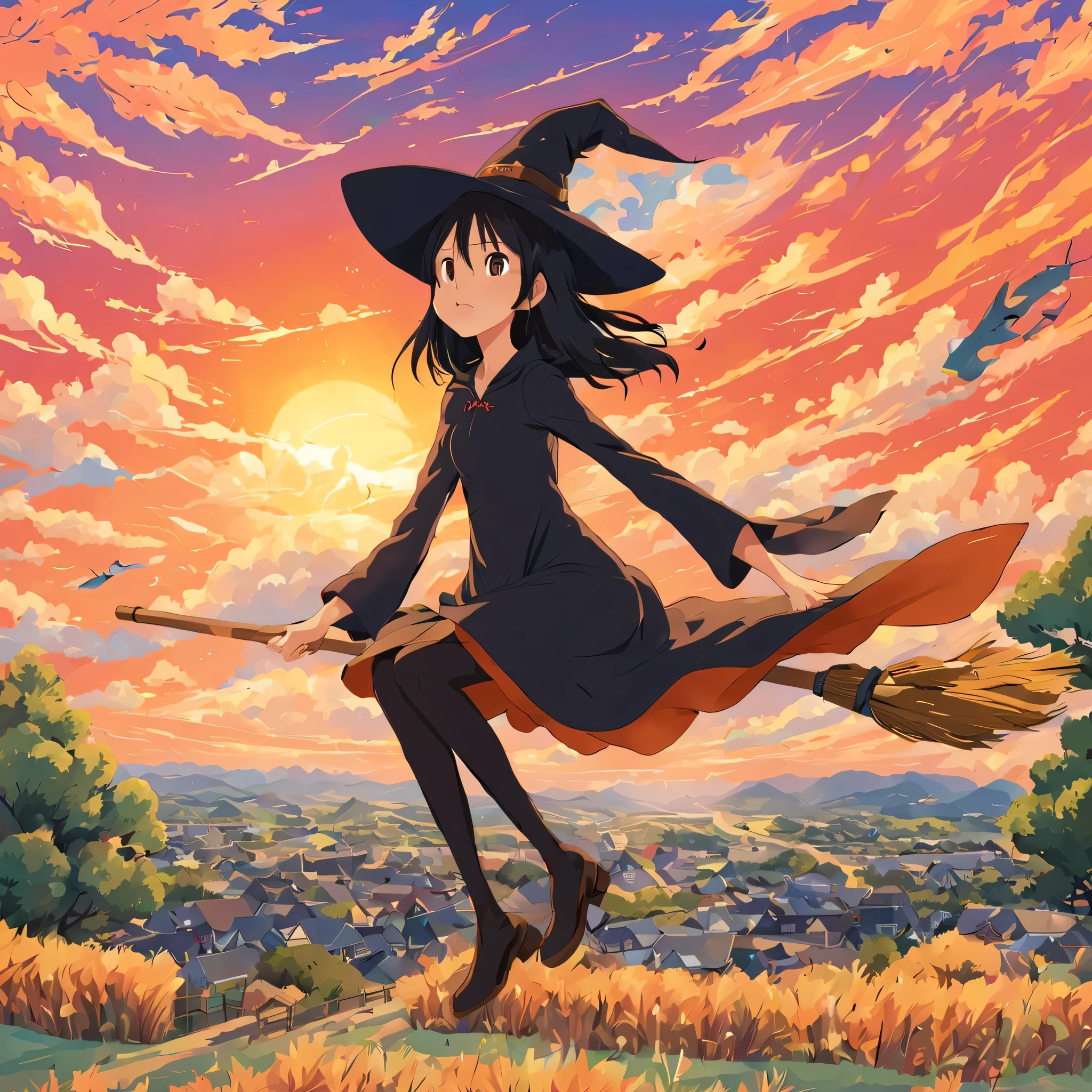 (masterpiece, highest quality:1.2),((((Flying Witch))),((Boomに乗る)),anatomically correct,girl,sunset sky,Boom,structurally correct