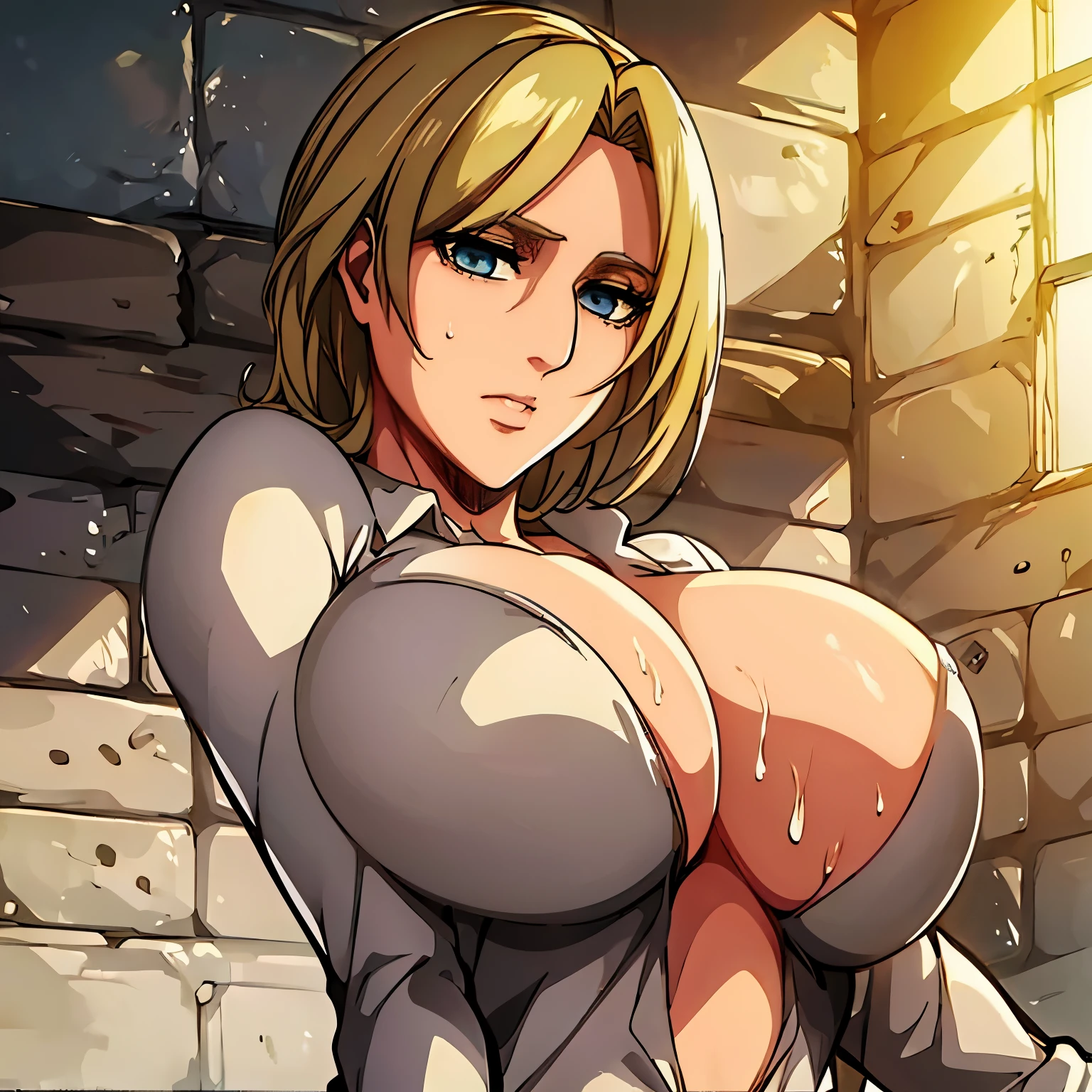 Annie Leonhart, a character from Attack on Titan, is the main focus of the artwork. Her eyes are beautifully detailed, and her lips are also beautifully detailed. Her face and eyes are extremely detailed, with long eyelashes. She is depicted with a strong and confident expression. 

The medium used to create this artwork is an illustration, with a realistic and photorealistic style. The artwork is of the best quality, with a resolution of 4k or 8k, ensuring ultra-detailed and sharp focus. The colors are vivid and the lighting is carefully crafted to create a visually appealing scene. The artwork showcases the human body in a tasteful manner, highlighting the beauty and elegance of the female form. 

In the background, there is a garden setting, featuring lush greenery and blooming flowers. The composition is balanced and visually pleasing, emphasizing the beauty of nature. The artwork captures Annie Leonhart as a strong and captivating character, with attention to detail and realism. 

She has big tits, her tits are masive, her breasts are large. Prominent chest, chest focus, NUDE BREASTS, PRESENTING BREASTS, SEXY TITS, FLASHING BREASTS, DISPLAYING BREASTS, SEXY BREASTS, WET. WET BREASTS, CUM ON TITS, CUM ON BREASTS, CUM, CUM COVERED BREASTS 