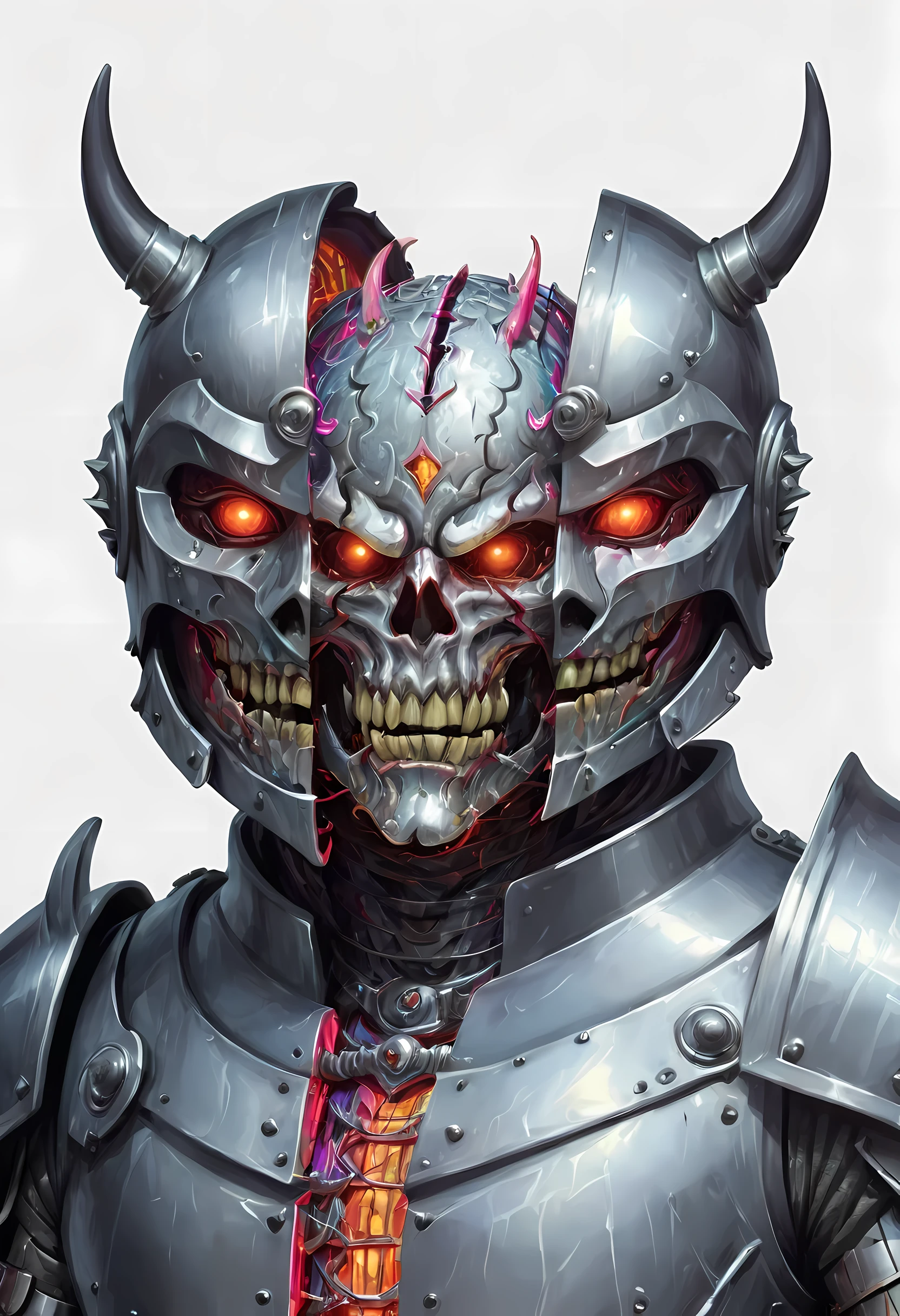 split head and body, demon inside of a armored knight highly detailed, white solid background, inkpunk, double exposure, colorful neon lights, misc (masterpiece:1.2), best quality, (hyperdetailed, highest detailed:1.2), high resolution textures