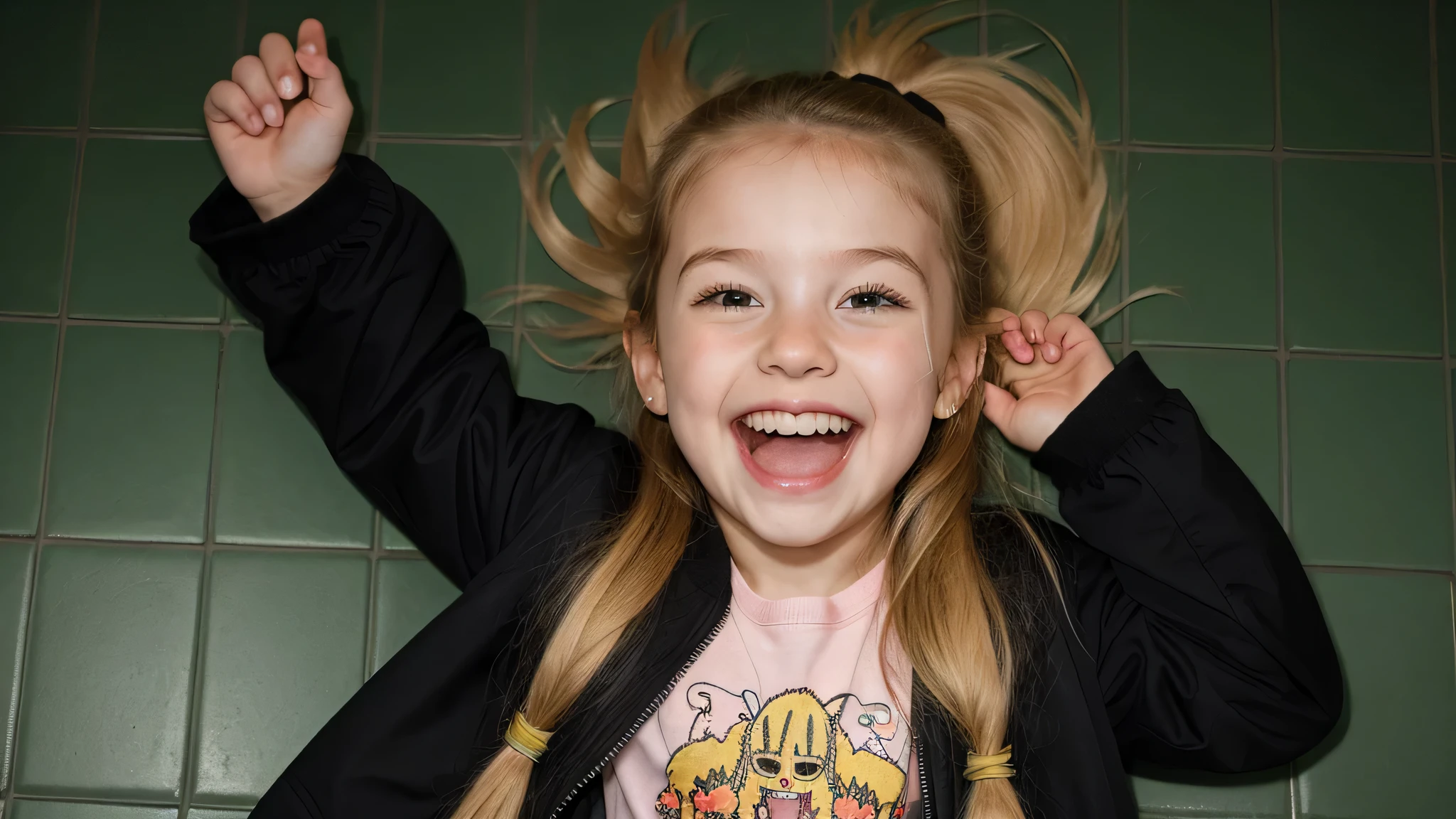 backgrond green tiles, KIDS GIRL BLONDE long hair, evil crazy laugh,