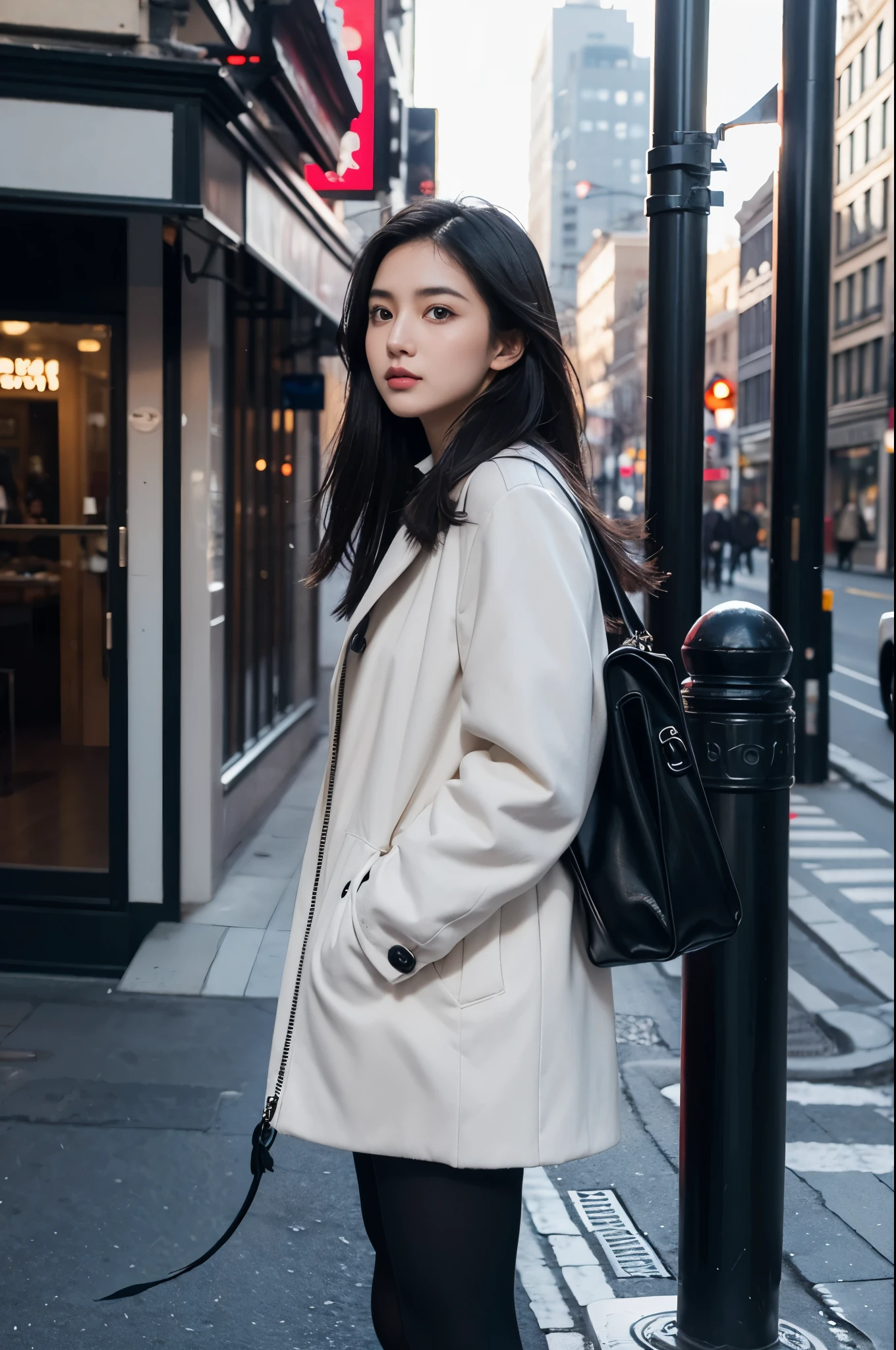 cawing ravens, beautiful girl, street, cold, pretty