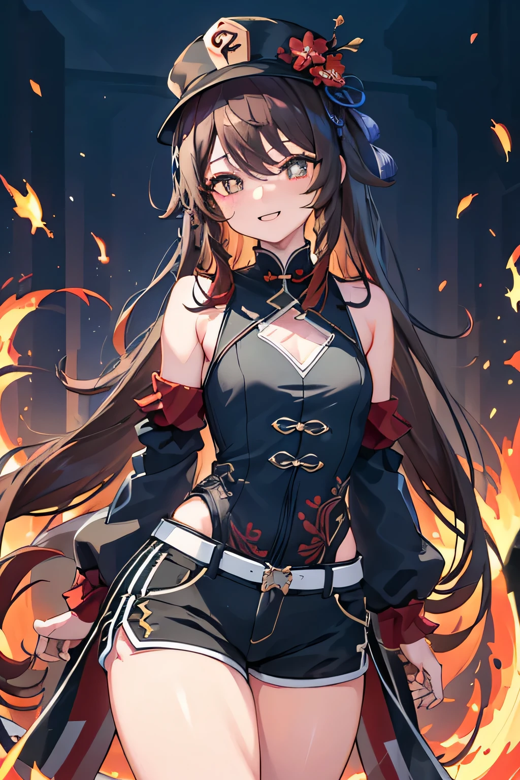 (((巨作))), 4K صحيح, A highly detailed, (((highly detailed eyes))), detailed wallpaper, cinematic lighting, Crystal clear eyes, 1girl, highs quality, highres, A highly detailed, 8k, Best Quality, 1girl, 独奏,  shadow, backlit, light particles, Thick Eyelashes, Wide sleeve, thick thighs, (巨作:1.3), (The best quality:1.2), (super fine illustrations:1.2), (巨作), highs quality, highly detail,(独奏:1.4),((Round image)),[(cyberpunk:1):5], cyberpunk, the whole body, hair decoration, from above, Hu Tao (genshin impact), Hat, Flower on hat,brown-haired, twintails, red eyes, Flower-Shaped Pupils, evil smile, small breasts, short shorts, arms behind the back, Perocensis, Pu Tao