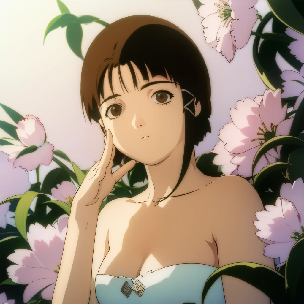 una chica con un collar de anime, un collar largo y aretes, al estilo de tranquilos jardines, colorful animation frames, masami teraoka, aguamarina, Paul Gauguin, desnuda en pose