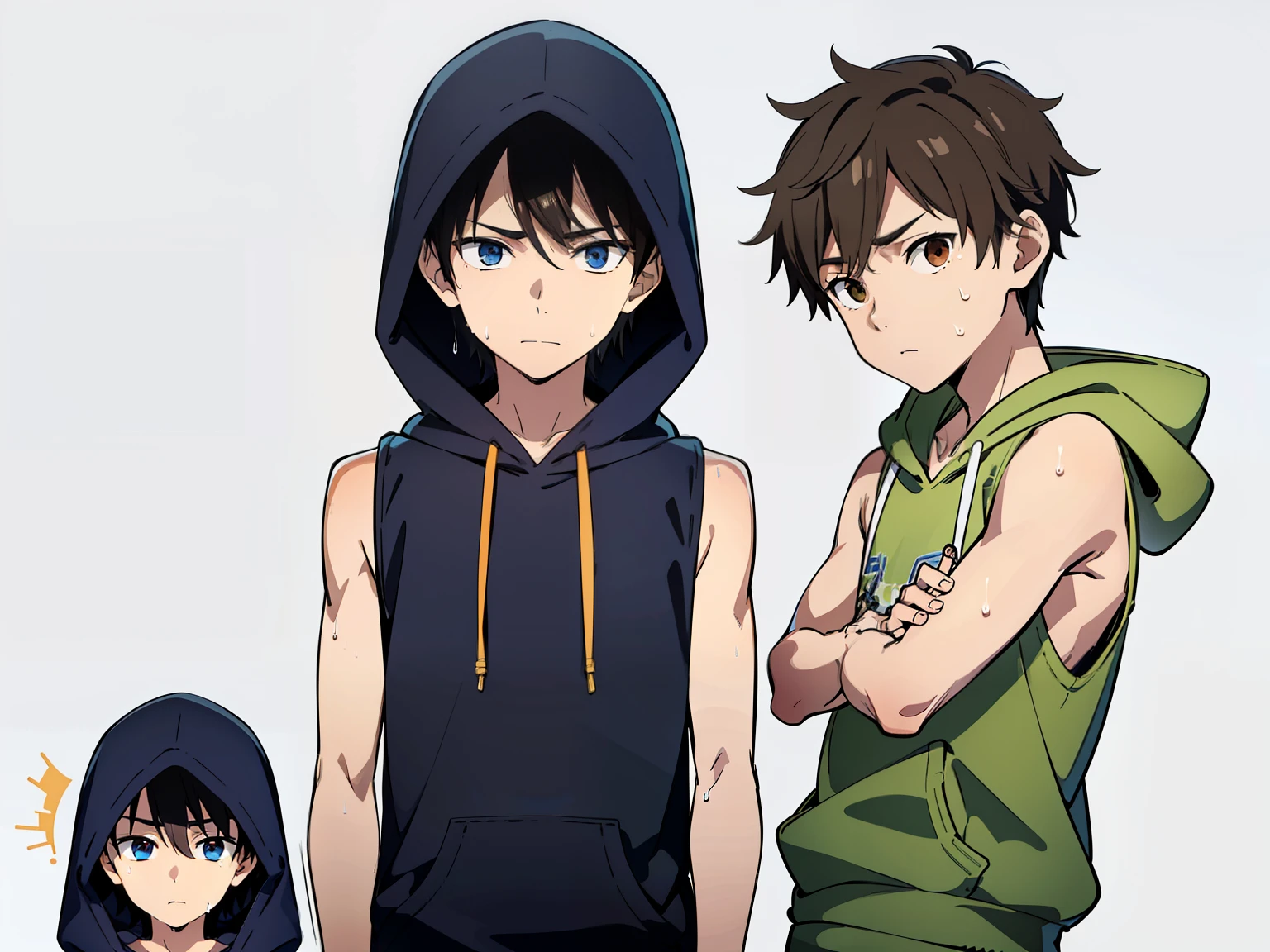 Highres, Masterpiece, Best quality at best,Best Quality,hight quality, hight detailed, (2boys), Shota, Group photo, Sleeveless hoodies, Slim body, Torso, (very young boy), (very small and short body), -Yeld-Bo han, Sweat, Simple beckground