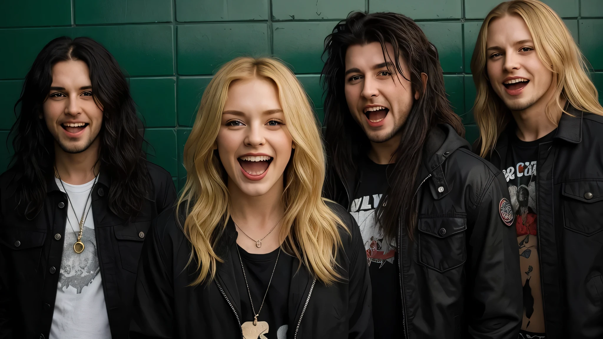 background green tiles, KIDS GIRL BLONDE long hair black jacket, evil crazy laugh, kickstart my heart