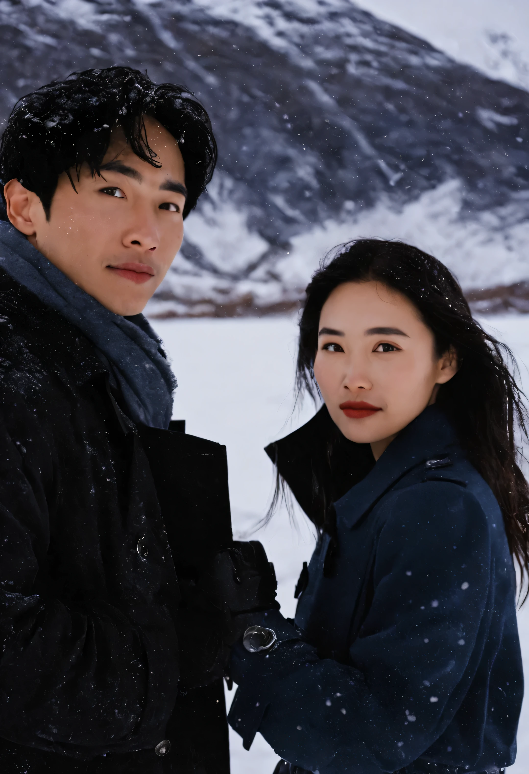 A man and a woman standing in the snow,Asian,film photography,Arctic,(A shallow smile:1.1),facial close-up,Black trench coat,Film stills promotion,live-action adaptation,teen magazine cover,Album photos,newspaper picture,heavy snow,Arctic光倒映在水中,Pexels Contest Winners,stunning mountains,desktop screenshot,looking at camera,