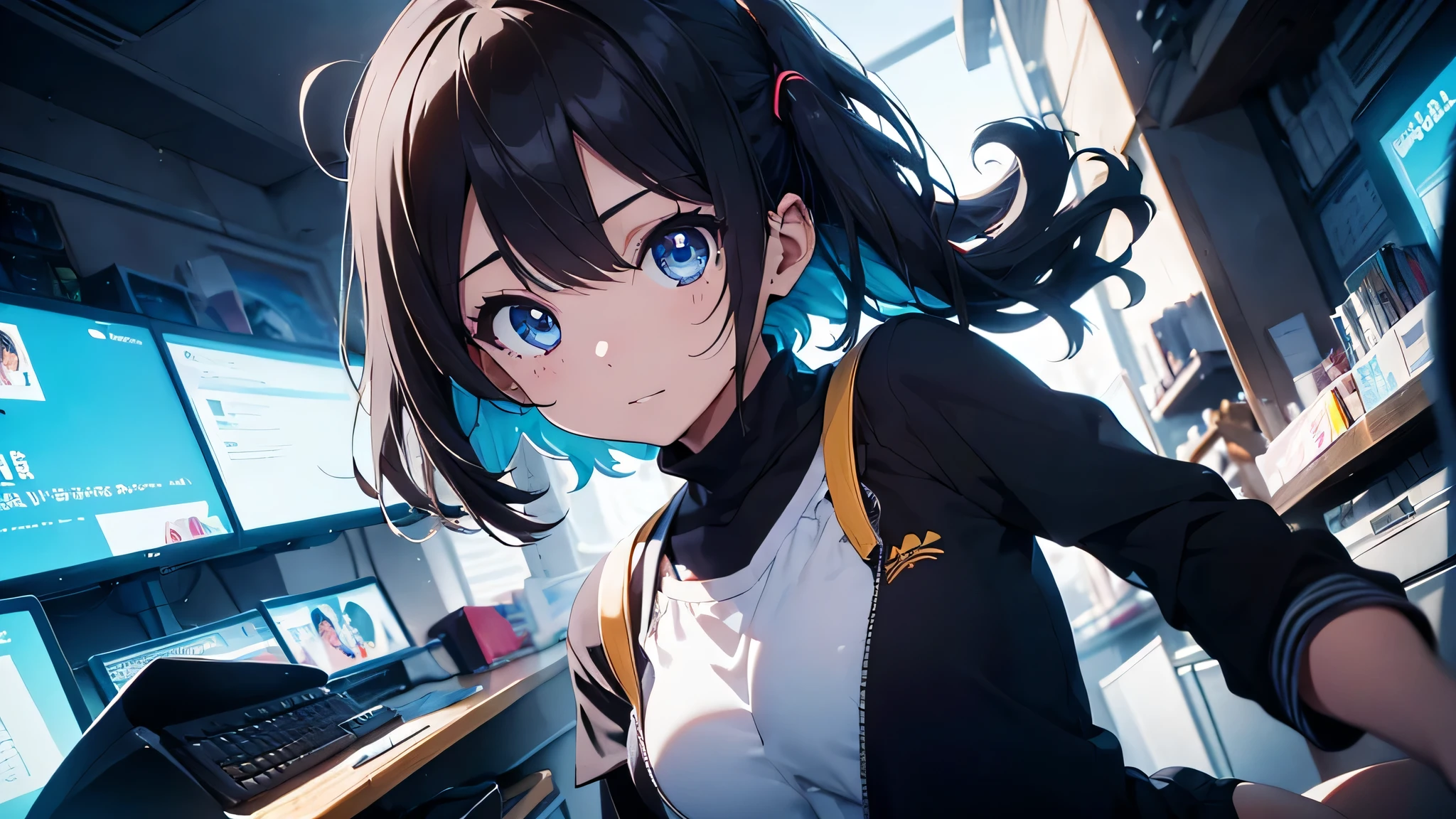 1 chica, anime , pelo corto negro, ojos azules , ciberpunk