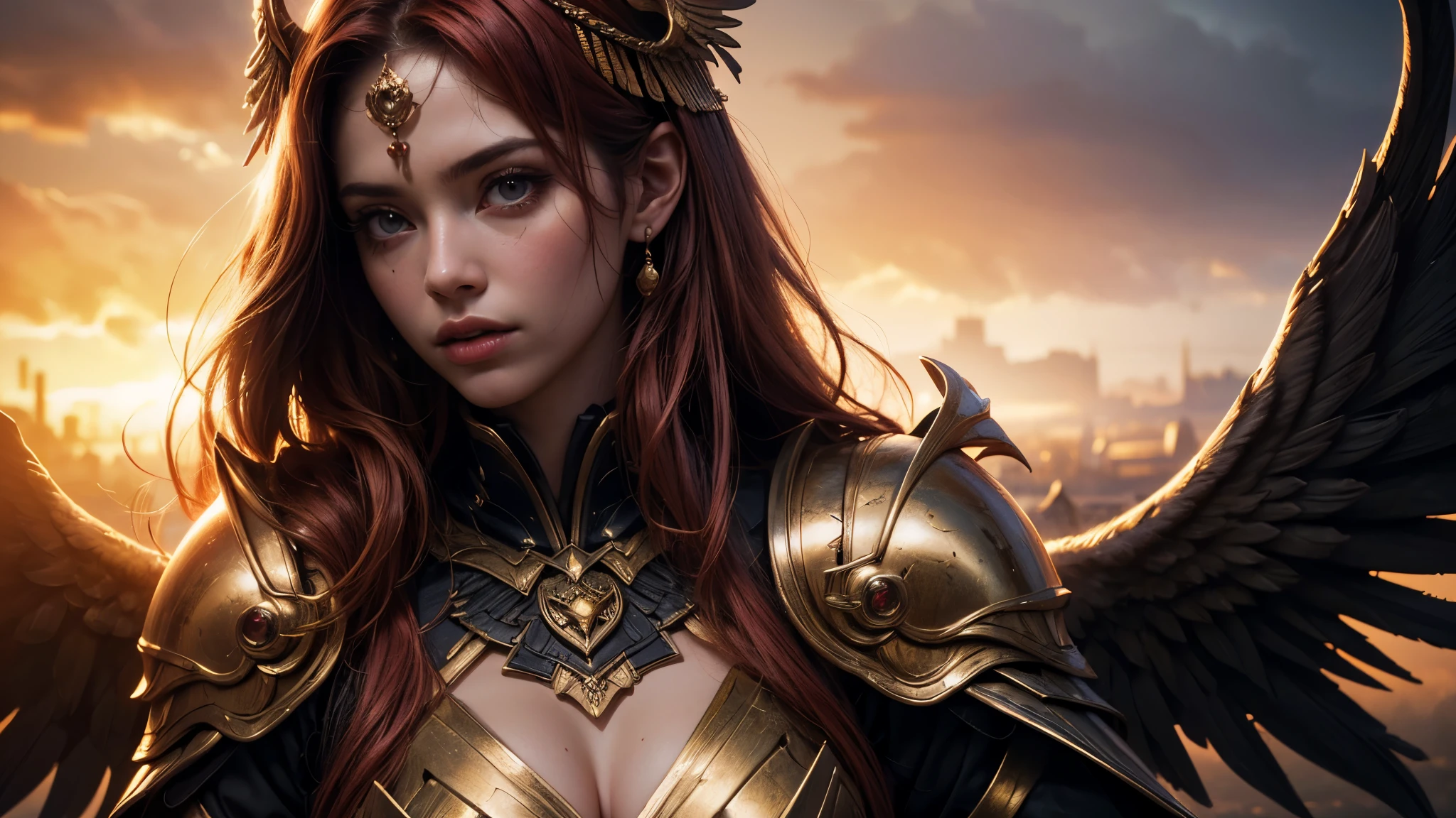 1 girl, god, angel, valkyrie, long golden hair, long red hair, armor, black wings, temple, queen, sunset, lots of fog, ((85mm, atmospheric perspective, panorama, sideways, cinematic lighting, depth of field, Surrealism, 16k, best quality, high details, masterpiece, textured skin, highres))