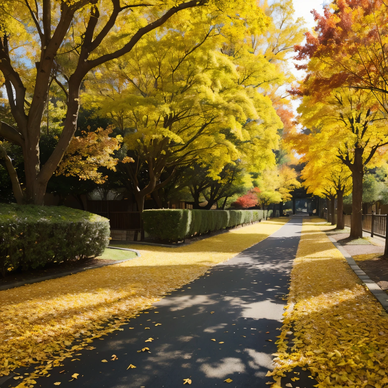 autumn path，covered with ginkgo leaves，There are ginkgo trees on both sides