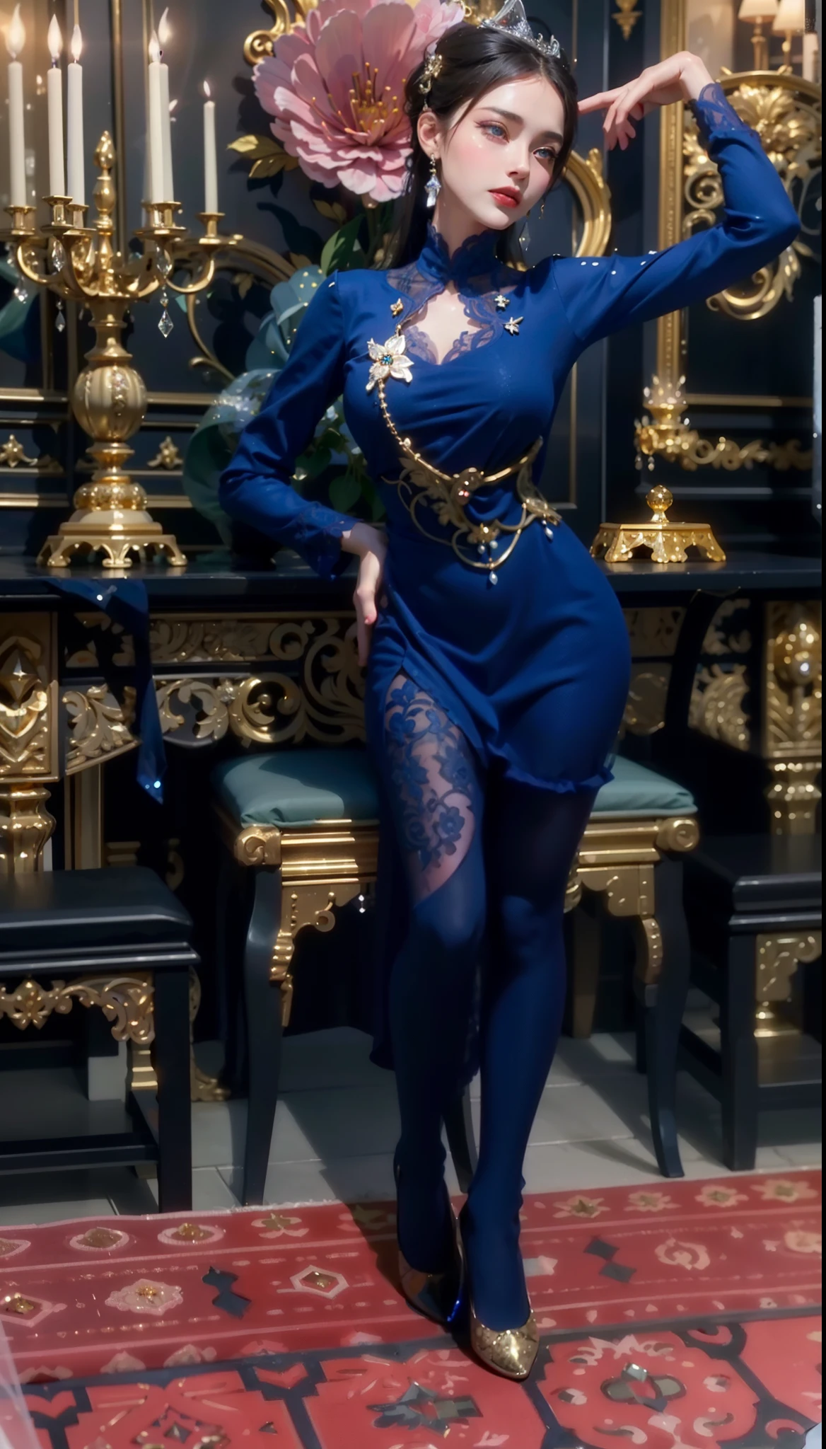 Royal sister,exquisite eyes,Detailed facial expressions,mature body,tall figure,number,Leg length,4K,HD,Sensual,White translucent lace,Fair and plump figure,pretty face,Little cherry mouth,beautiful and delicious(3D royal sister),Gorgeous dress encrusted with gemstones crystal gold diamonds,tights