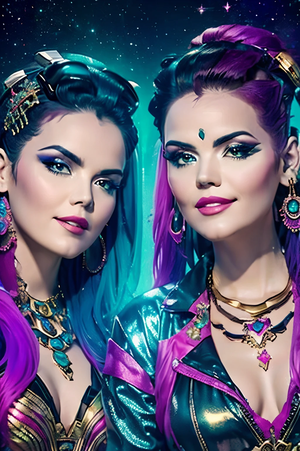 octane 3d render of beautiful sci-fi twins, portrait,third eye, good and evil,smiling,with piercings and tattoos, rainbow vibrant fantasy style, cosmic angels, twin souls, wearing psychedelic wicca,wearing lots of accessories, iridescent glitter everywhere, colorful galaxy background with ornate hearts embellishments in the back