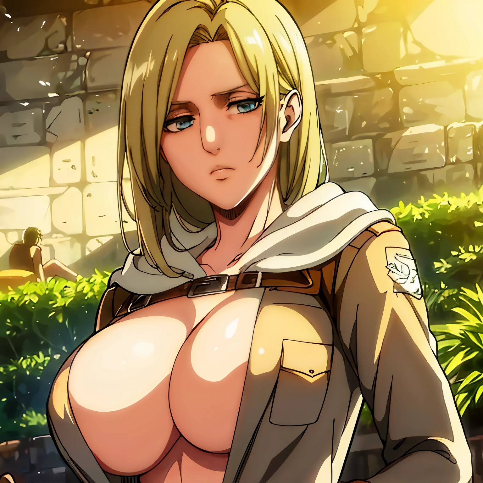 Annie Leonhart, a character from Attack on Titan, is the main focus of the artwork. Her eyes are beautifully detailed, and her lips are also beautifully detailed. Her face and eyes are extremely detailed, with long eyelashes. She is depicted with a strong and confident expression. 

The medium used to create this artwork is an illustration, with a realistic and photorealistic style. The artwork is of the best quality, with a resolution of 4k or 8k, ensuring ultra-detailed and sharp focus. The colors are vivid and the lighting is carefully crafted to create a visually appealing scene. The artwork showcases the human body in a tasteful manner, highlighting the beauty and elegance of the female form. 

In the background, there is a garden setting, featuring lush greenery and blooming flowers. The composition is balanced and visually pleasing, emphasizing the beauty of nature. The artwork captures Annie Leonhart as a strong and captivating character, with attention to detail and realism. 

She has big tits, her tits are masive, her breasts are large. Prominent chest, chest focus, NUDE BREASTS, PRESENTING BREASTS, SEXY TITS, FLASHING BREASTS, DISPLAYING BREASTS, SEXY BREASTS 