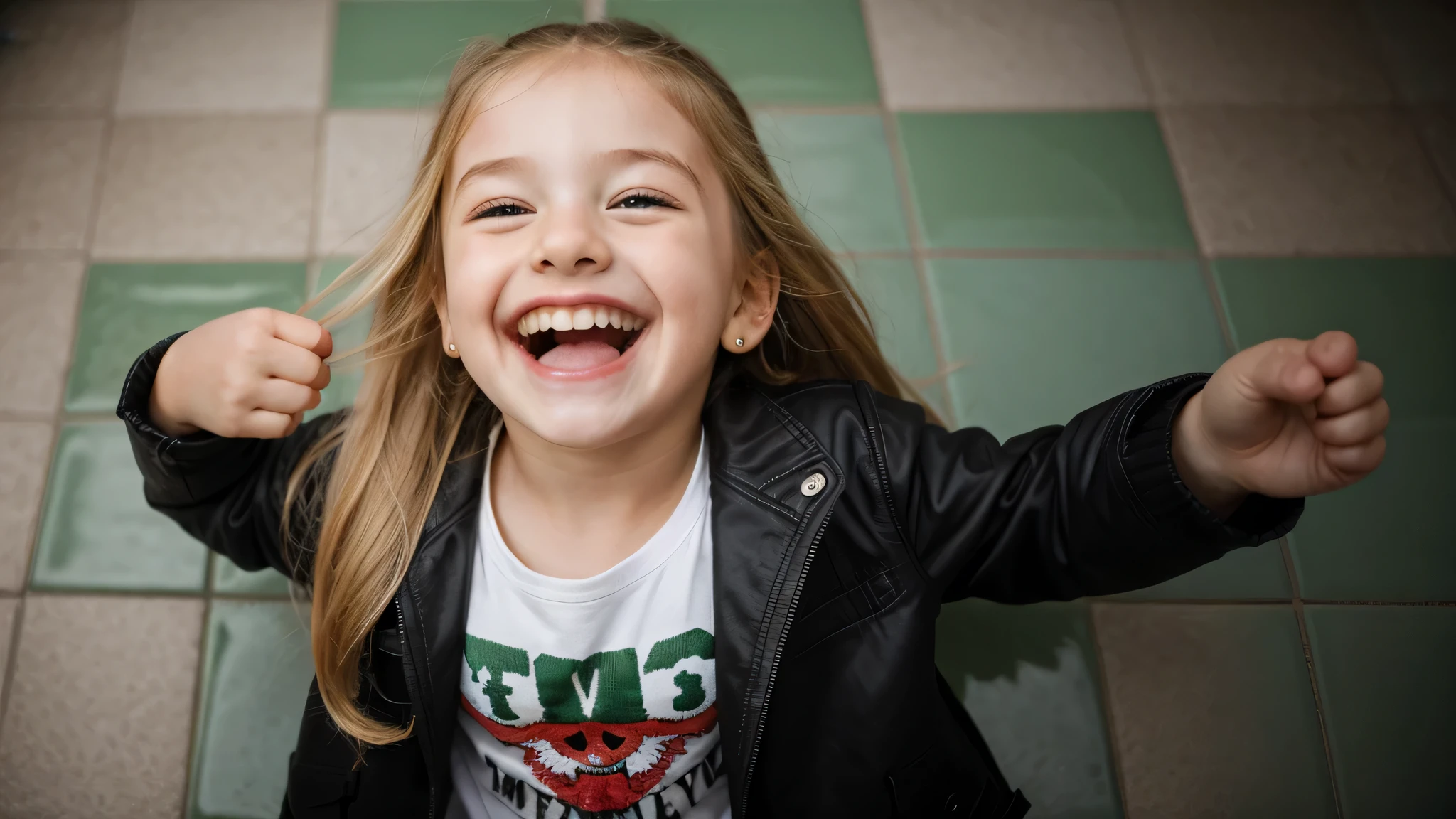 background green tiles, KIDS GIRL BLONDE long hair black jacket, evil crazy laugh,