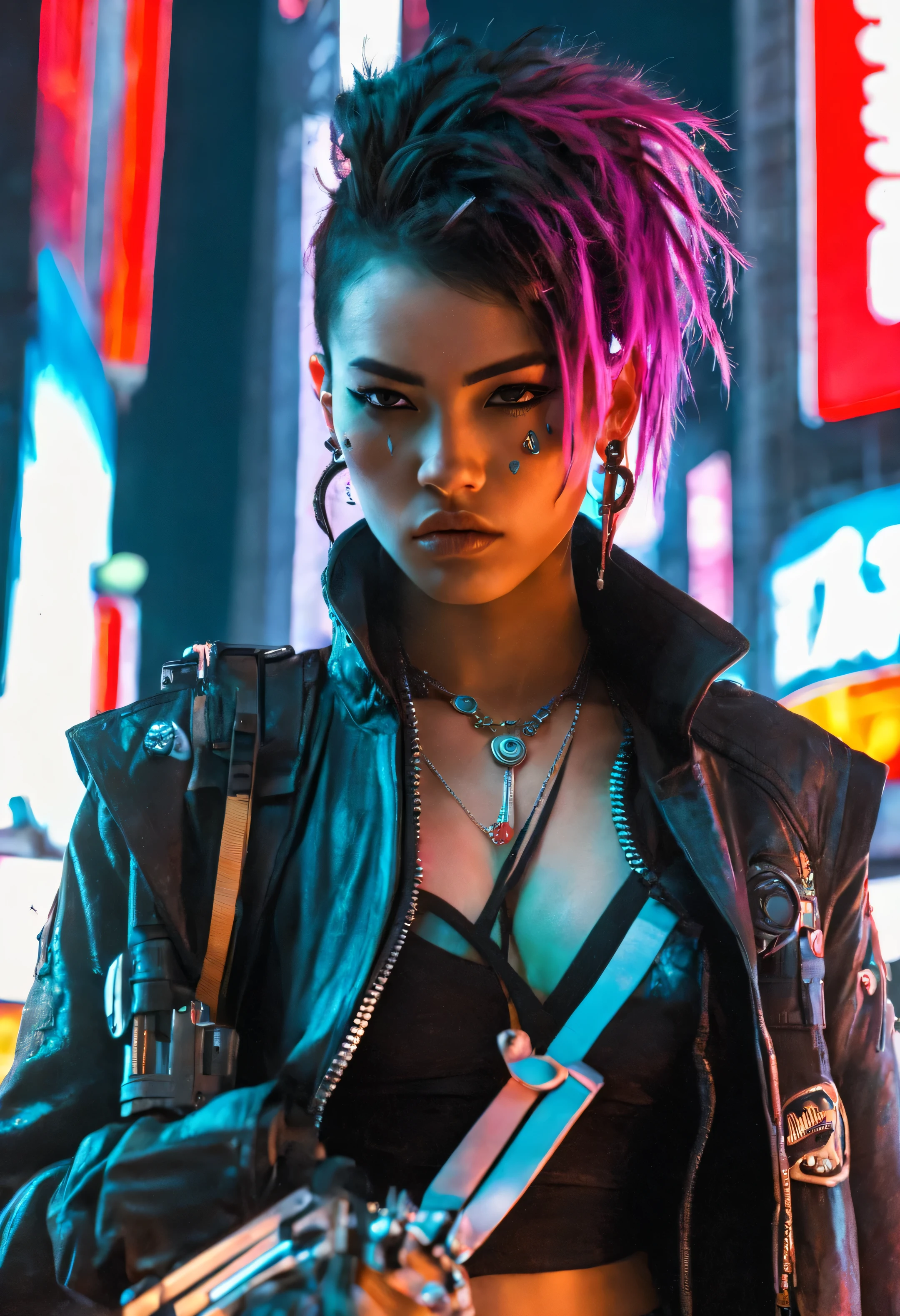 1 girl,(Cyberpunk Savage:1.2),Avant-garde and futuristic clothing with cyber-enhancements,Bold and rebellious hairstyle,The expression is fierce and determined,Neon lit cyberpunk city background with towering skyscrapers,holographic billboard,and a rugged urban atmosphere.,Vibrant and dynamic neon lighting,(Stroll the streets of cyberpunk:1.2),close-up,Embodying the uninhibited spirit of wild female characters in the cyberpunk setting,beautiful hands,perfect hands,8k,best quality,cyberpunk style.,