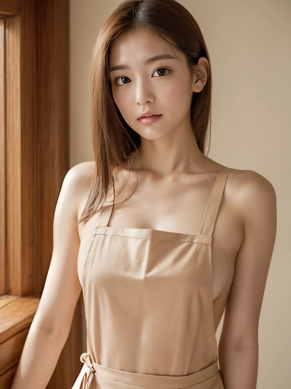 hightquality、​masterpiece、ultra res、cute girl face、kitchin、barechested、pinafore、Naked micro apron、full bodyesbian、Famous actresses of Japan、very beautiful face, 8K, sharp focus, natural big breast, nude, (long hair), detailed face.