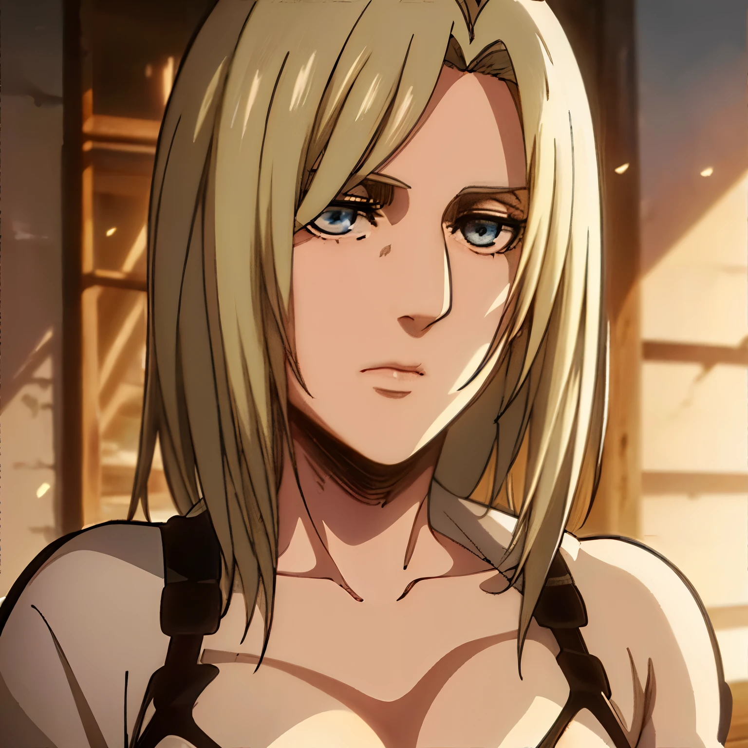 Annie Leonhart, a character from Attack on Titan, is the main focus of the artwork. Her eyes are beautifully detailed, and her lips are also beautifully detailed. Her face and eyes are extremely detailed, with long eyelashes. She is depicted with a strong and confident expression. 

The medium used to create this artwork is an illustration, with a realistic and photorealistic style. The artwork is of the best quality, with a resolution of 4k or 8k, ensuring ultra-detailed and sharp focus. The colors are vivid and the lighting is carefully crafted to create a visually appealing scene. The artwork showcases the human body in a tasteful manner, highlighting the beauty and elegance of the female form. 

In the background, there is a garden setting, featuring lush greenery and blooming flowers. The composition is balanced and visually pleasing, emphasizing the beauty of nature. The artwork captures Annie Leonhart as a strong and captivating character, with attention to detail and realism. 

She has big tits, her tits are masive, her breasts are large. Prominent chest, chest focus, NUDE BREASTS, PRESENTING BREASTS, SEXY TITS, FLASHING BREASTS, DISPLAYING BREASTS, SEXY BREASTS 