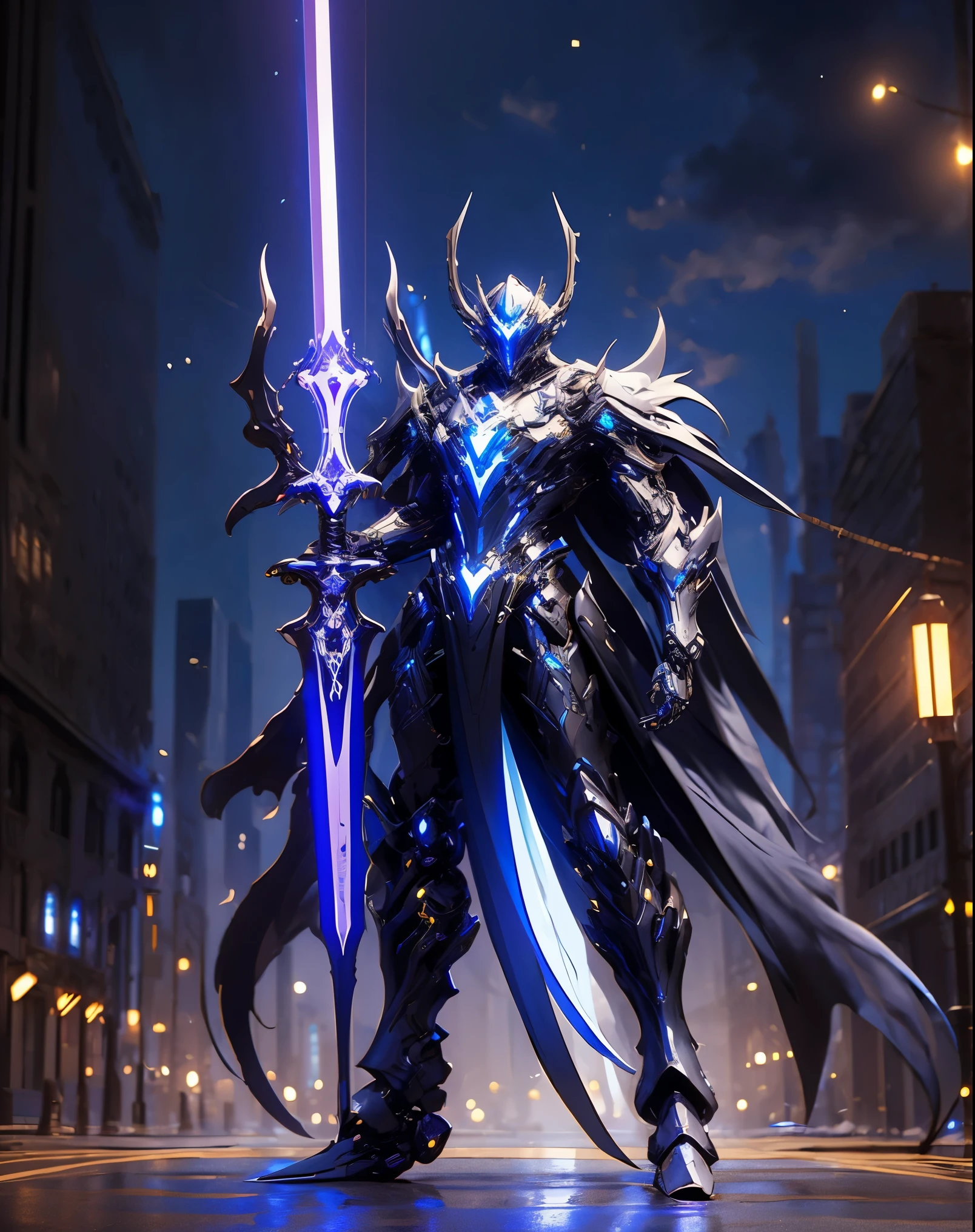 a person holding a sword in a city, concept art by Yang J, trending on Artstation, fantasy art, from arknights, glowing green soul blade, style of raymond swanland, anime concept hdr anime macmanus, trending on artstation:3, death knight, genji, arknights, reaper from overwatch, king of time reaper, (Dragon Guard  ARM, GLOVES), (white, BLACK), (MECHA CYBER  SHINY ARMORED SUIT, A PAIR MECHANICAL ARMOR:1.4)