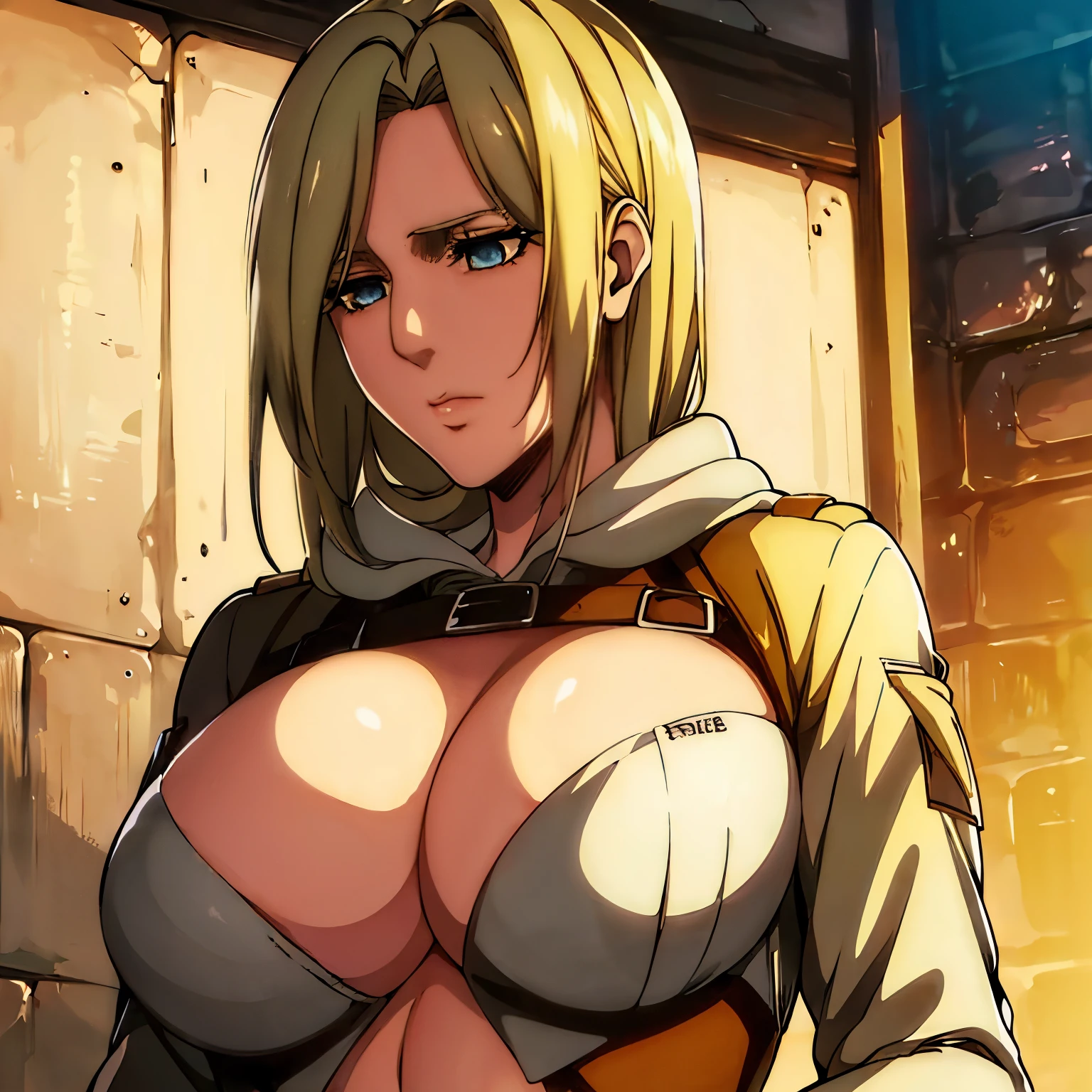 Annie Leonhart, a character from Attack on Titan, is the main focus of the artwork. Her eyes are beautifully detailed, and her lips are also beautifully detailed. Her face and eyes are extremely detailed, with long eyelashes. She is depicted with a strong and confident expression. 

The medium used to create this artwork is an illustration, with a realistic and photorealistic style. The artwork is of the best quality, with a resolution of 4k or 8k, ensuring ultra-detailed and sharp focus. The colors are vivid and the lighting is carefully crafted to create a visually appealing scene. The artwork showcases the human body in a tasteful manner, highlighting the beauty and elegance of the female form. 

In the background, there is a garden setting, featuring lush greenery and blooming flowers. The composition is balanced and visually pleasing, emphasizing the beauty of nature. The artwork captures Annie Leonhart as a strong and captivating character, with attention to detail and realism. 

She has big tits, her tits are masive, her breasts are large. Prominent chest, chest focus, NUDE BREASTS, PRESENTING BREASTS, SEXY TITS