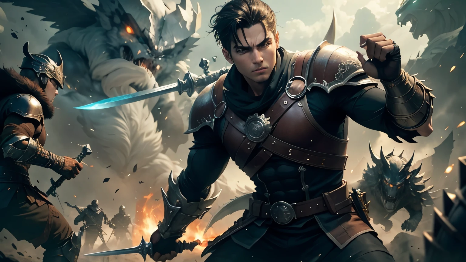 personality: [Show a young hero holding a legendary sword, standing tall and confident in the face of an army of monsters. Their expression should be determined and fearless, ready to confront the enemy. The hero's weapon should gleam with magical energy, hinting at its formidable power. Convey the hero's strength and resolve as they prepare for an epic battle] unreal engine, hyper real